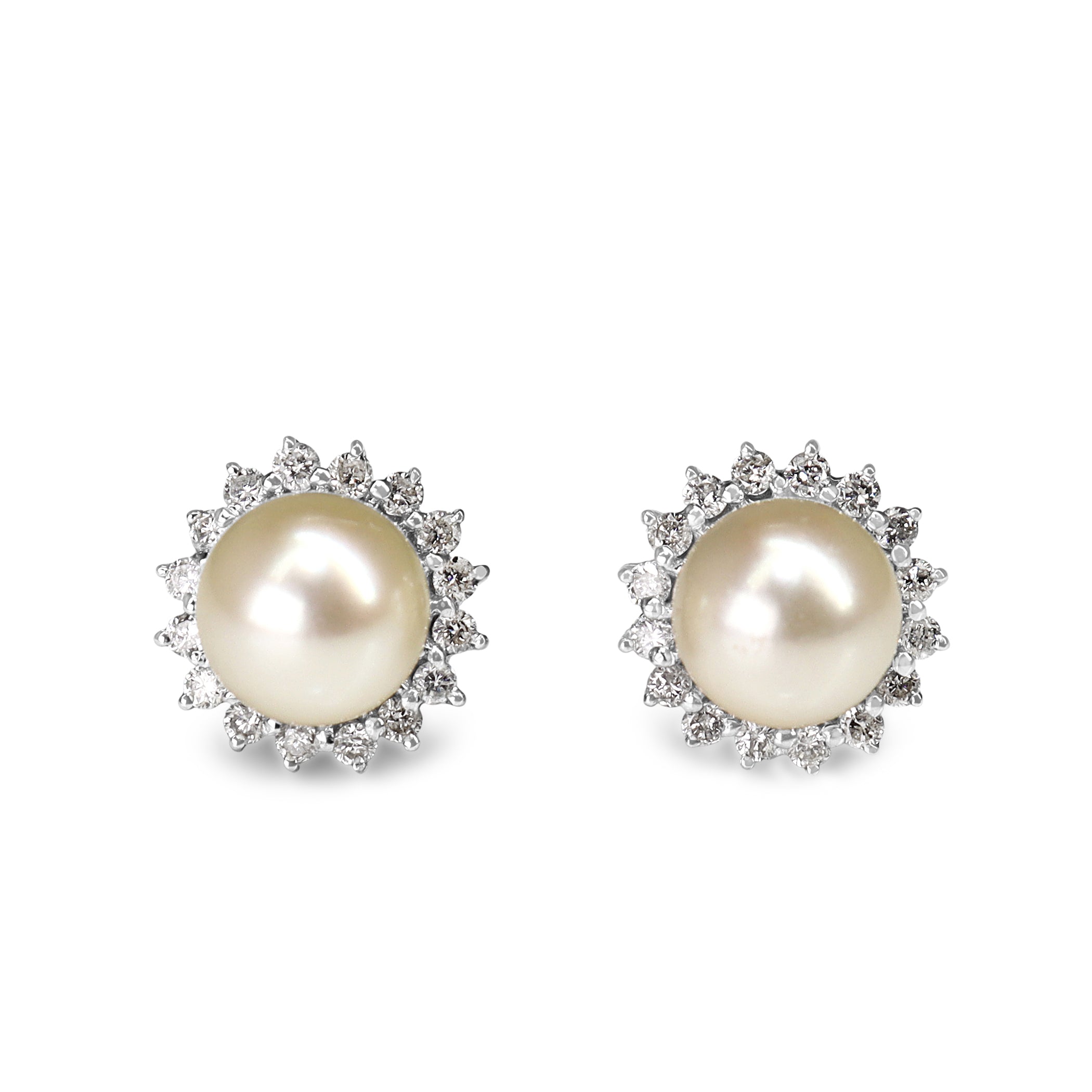 14ct White Gold Cultured 7mm Pearl and Diamond Halo Stud Earrings