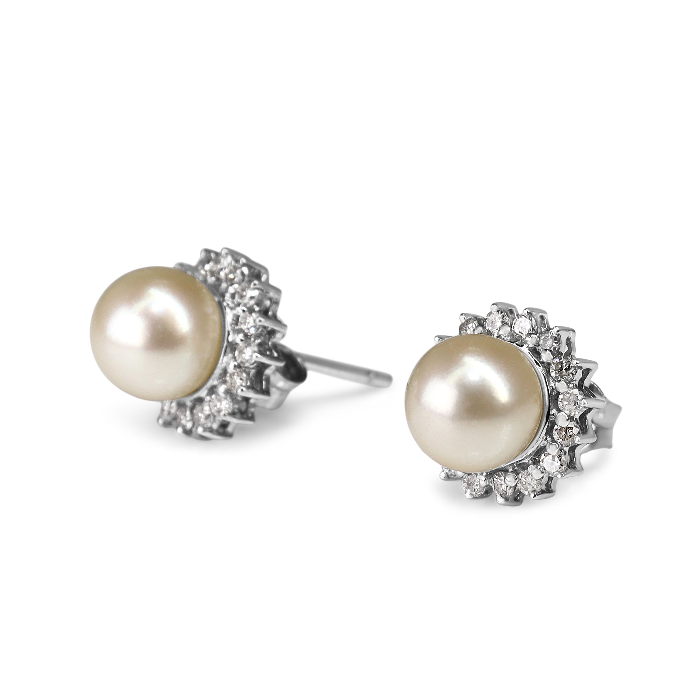 14ct White Gold Cultured 7mm Pearl and Diamond Halo Stud Earrings