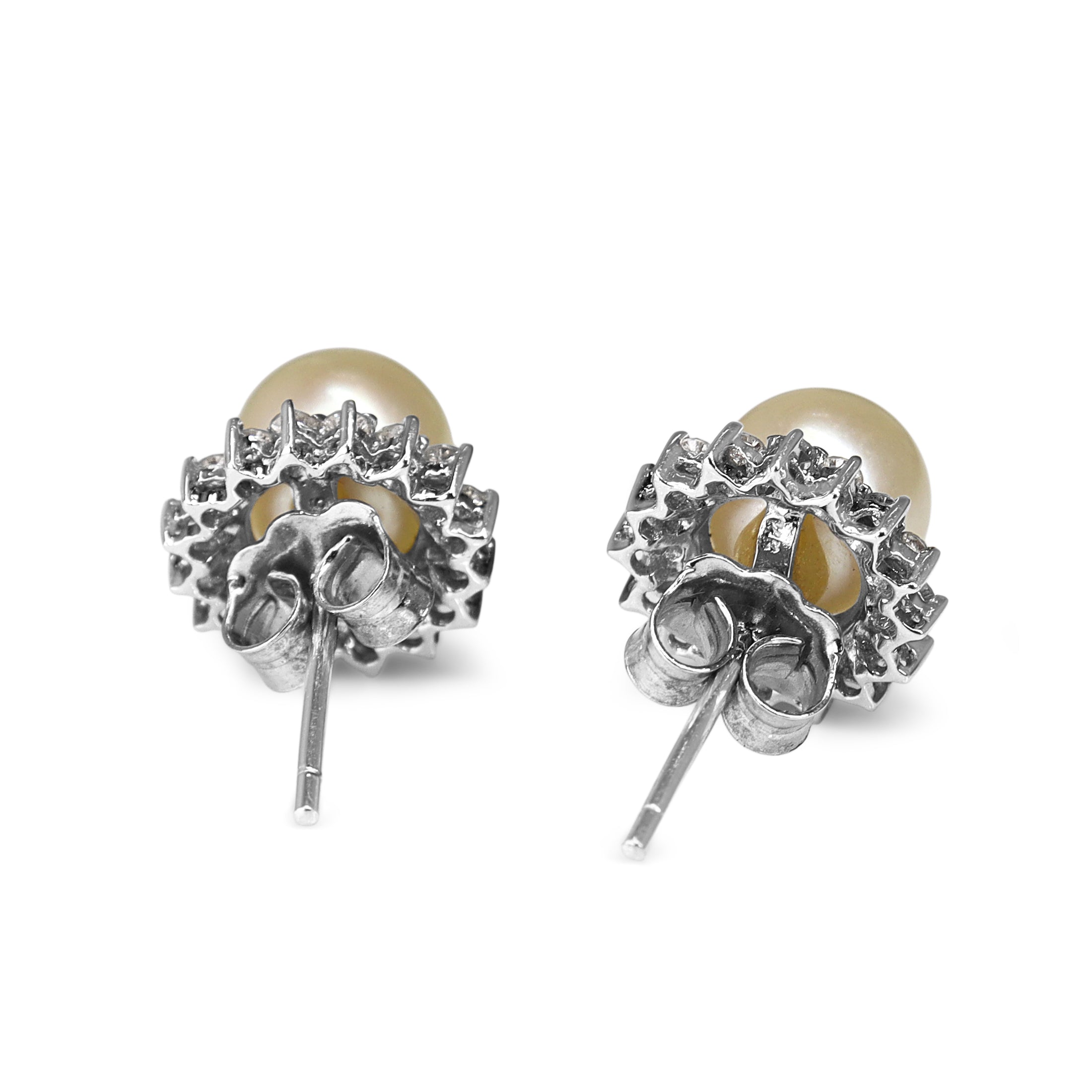 14ct White Gold Cultured 7mm Pearl and Diamond Halo Stud Earrings