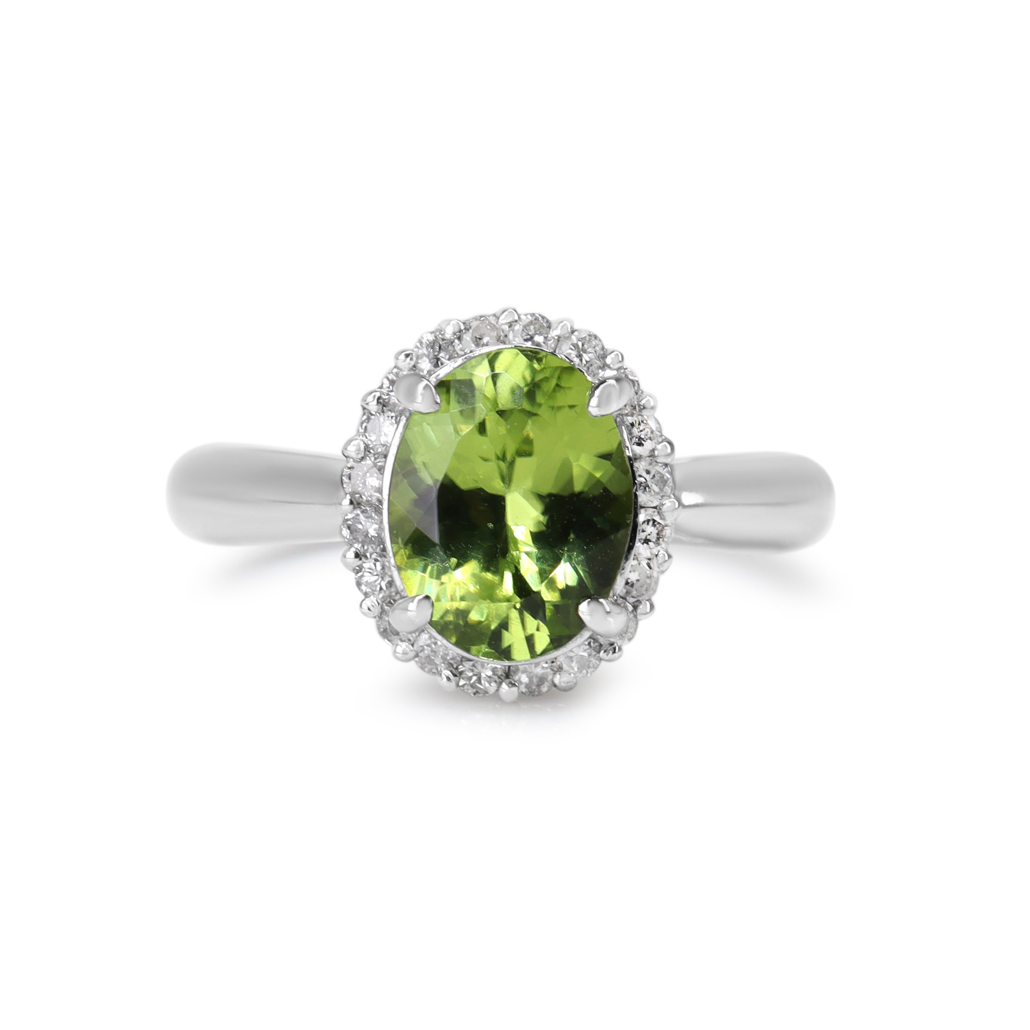 Platinum Peridot and Diamond Halo Ring