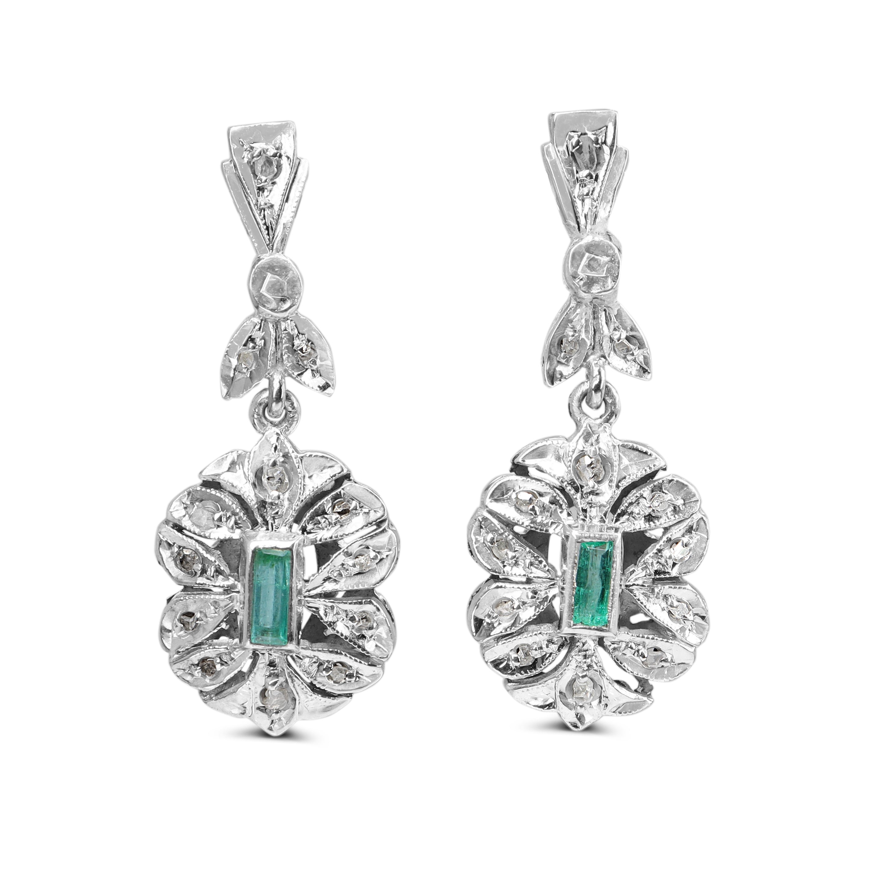Palladium Emerald and Rose Cut Diamond Earrings