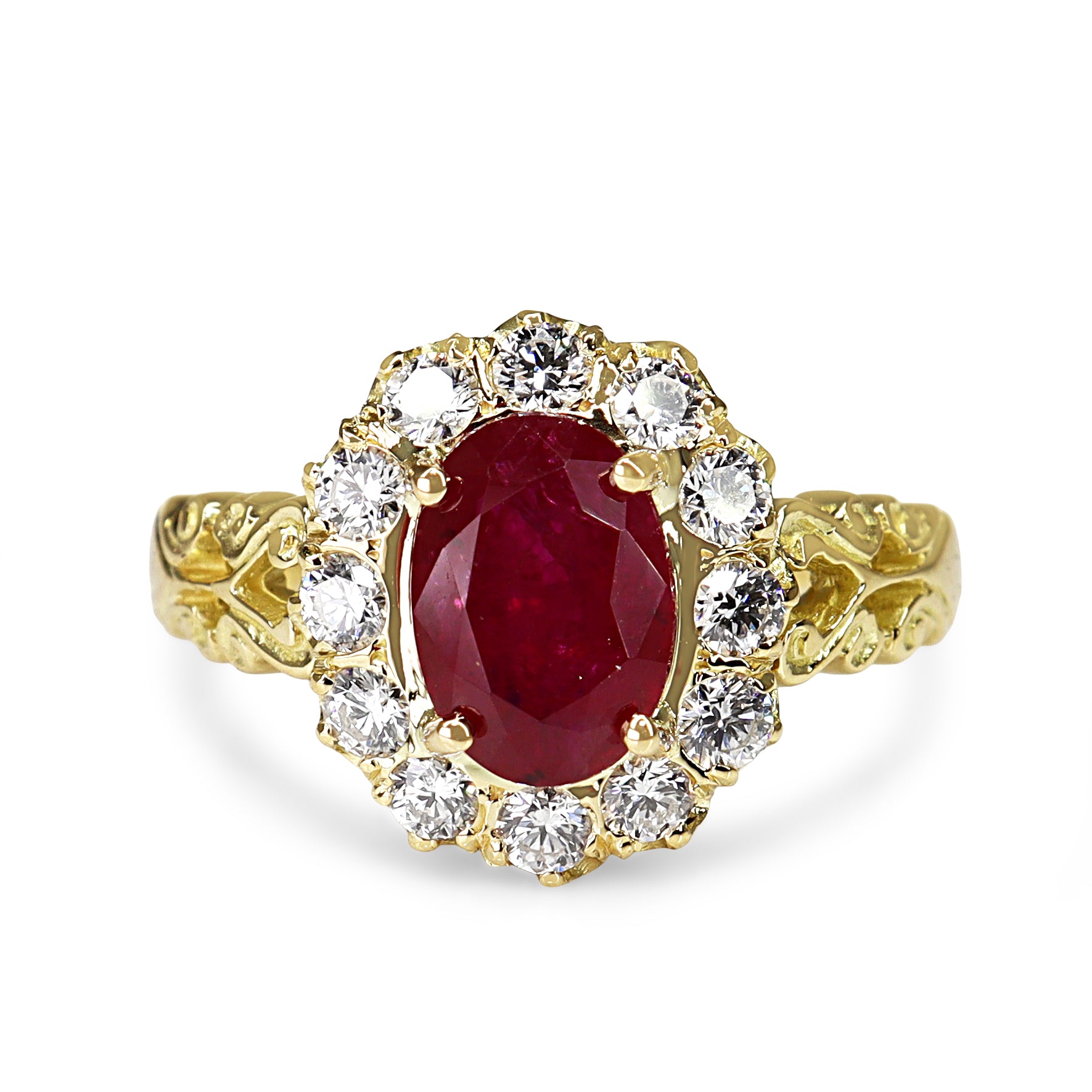 18ct Yellow Gold Antique Style Ruby and Diamond Halo Cluster Ring