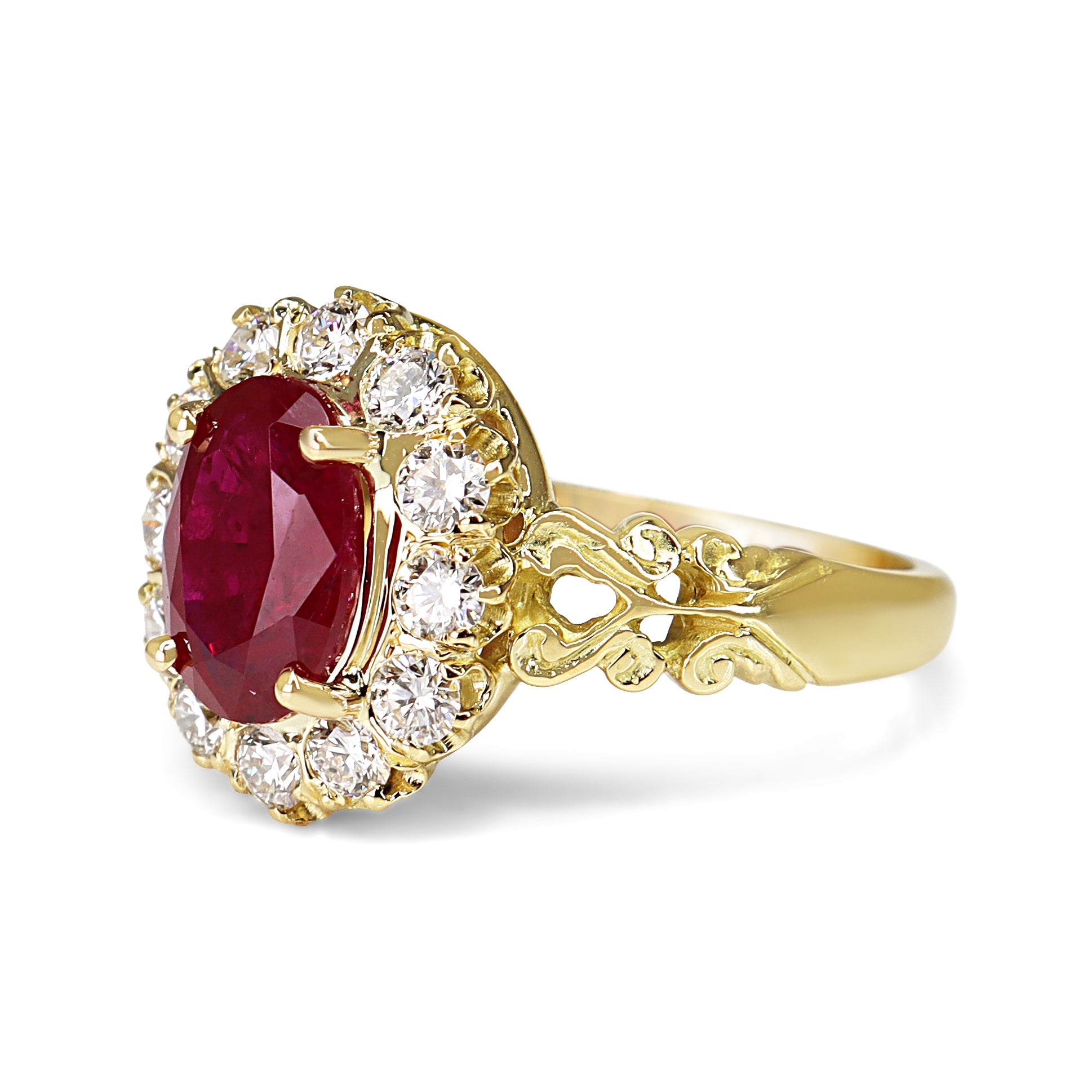 18ct Yellow Gold Antique Style Ruby and Diamond Halo Cluster Ring