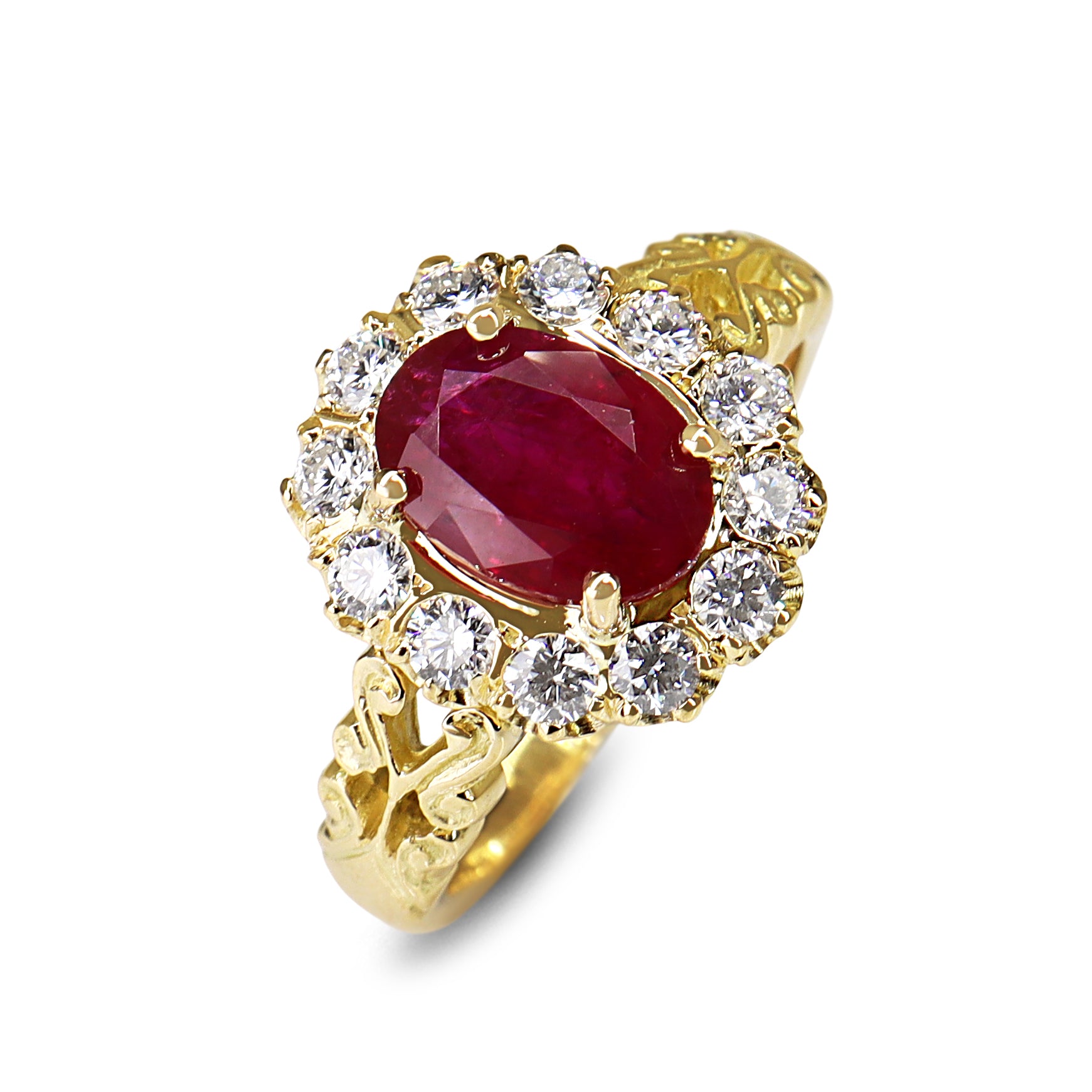 18ct Yellow Gold Antique Style Ruby and Diamond Halo Cluster Ring