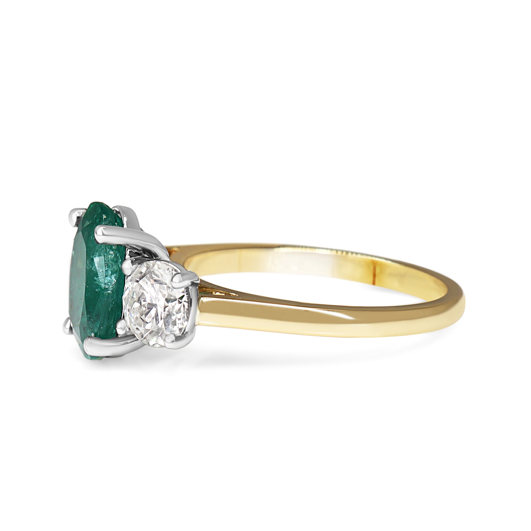 18ct Yellow and White Gold Oval Emerald and Round Diamond 3 Stone Ring