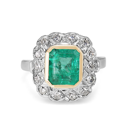 18ct gold and platinum emerald diamond vintage ring top view