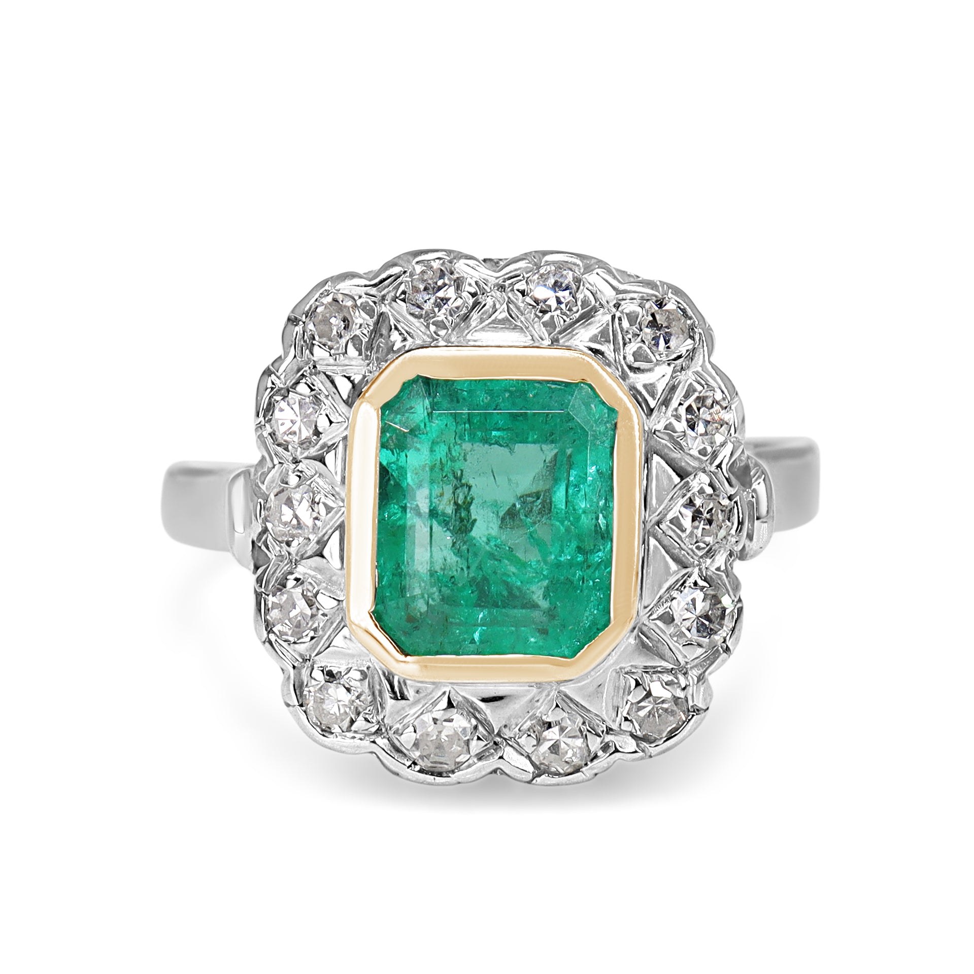 18ct gold and platinum emerald diamond vintage ring top view