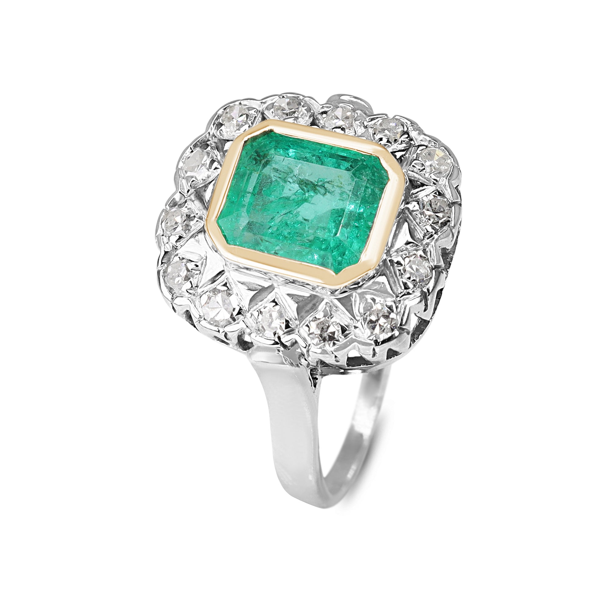 18ct and Platinum Emerald and Diamond Vintage Ring