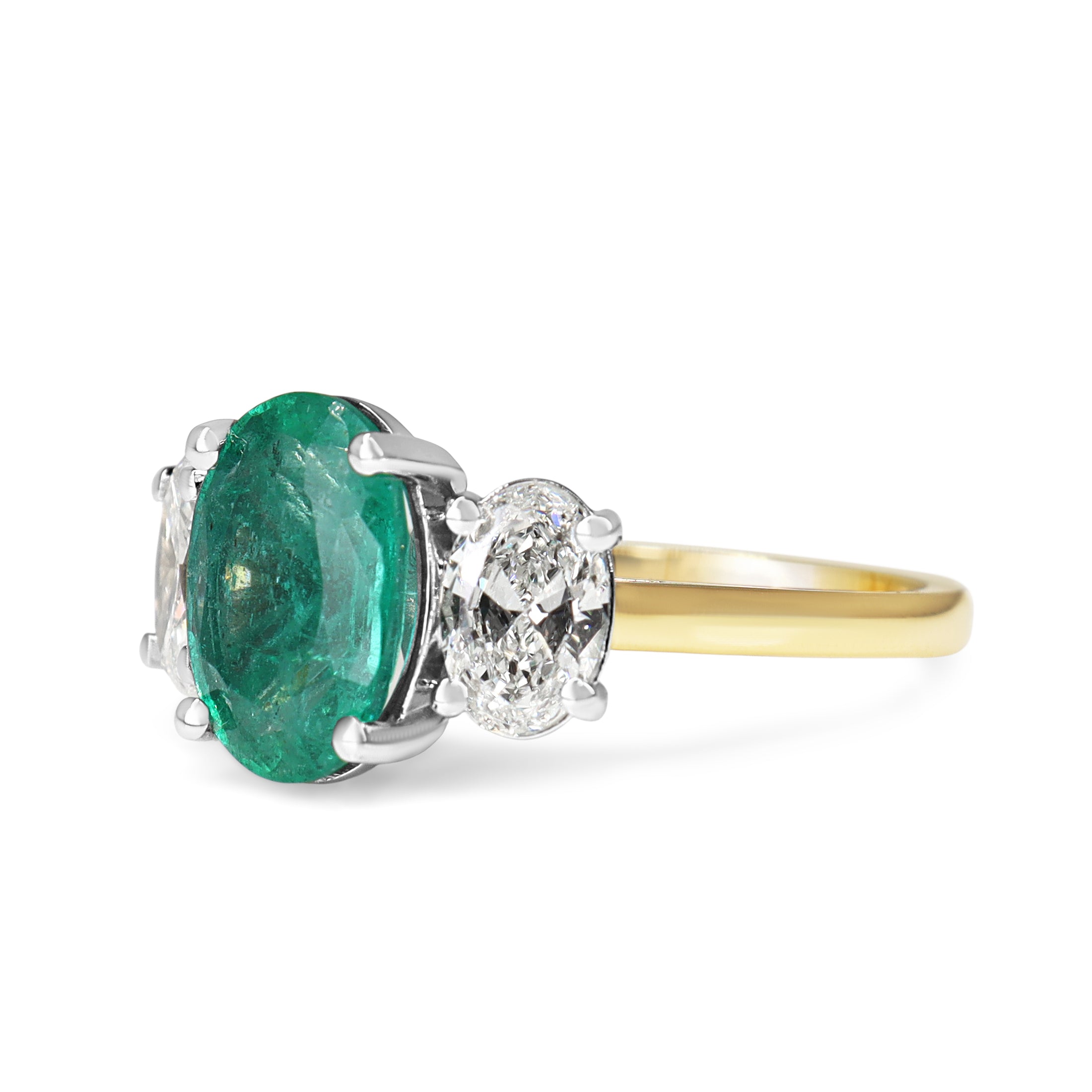 18ct Yellow and White Gold Oval Emerald and Diamond 3 Stone Ring