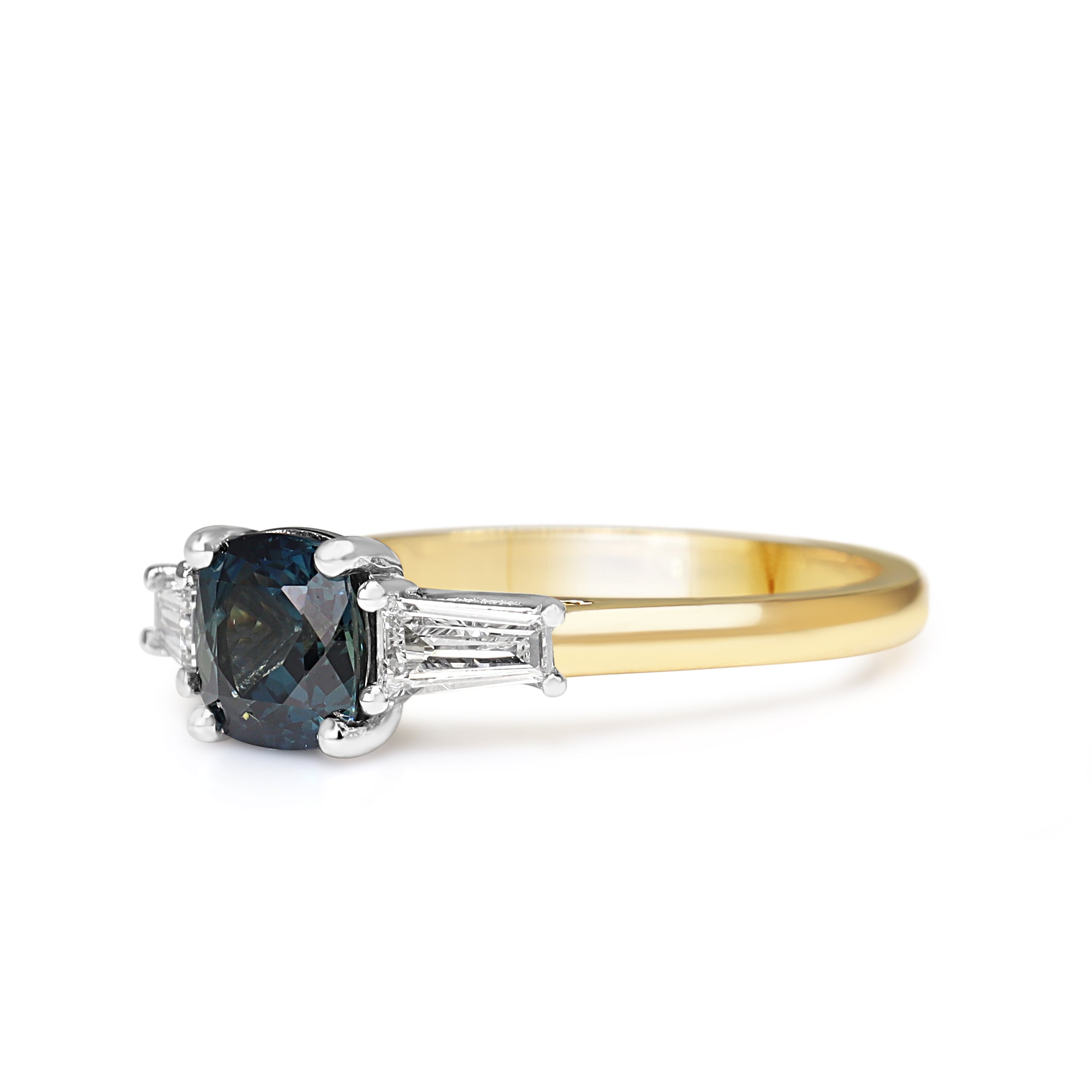 18ct Yellow and White Gold Cushion Sapphire and Tapered Baguette Diamond 3 Stone Ring