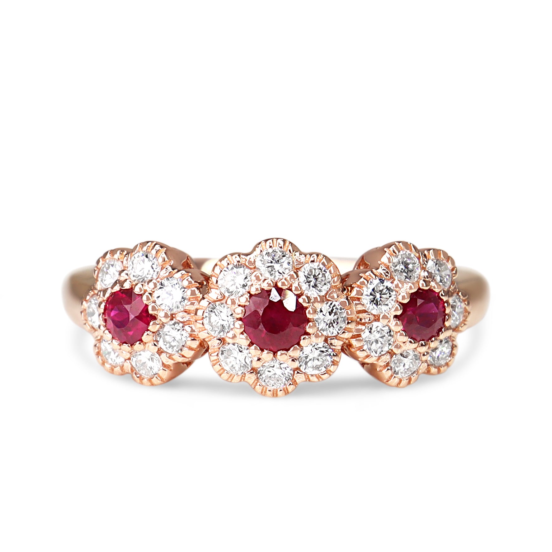 18ct Rose Gold Ruby and Diamond Triple Daisy Ring