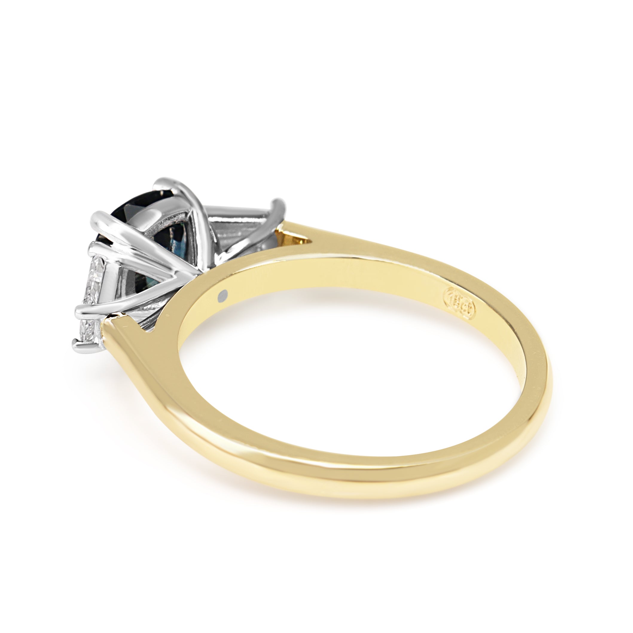 18ct Yellow and White Gold Cushion Sapphire and Tapered Baguette Diamond 3 Stone Ring