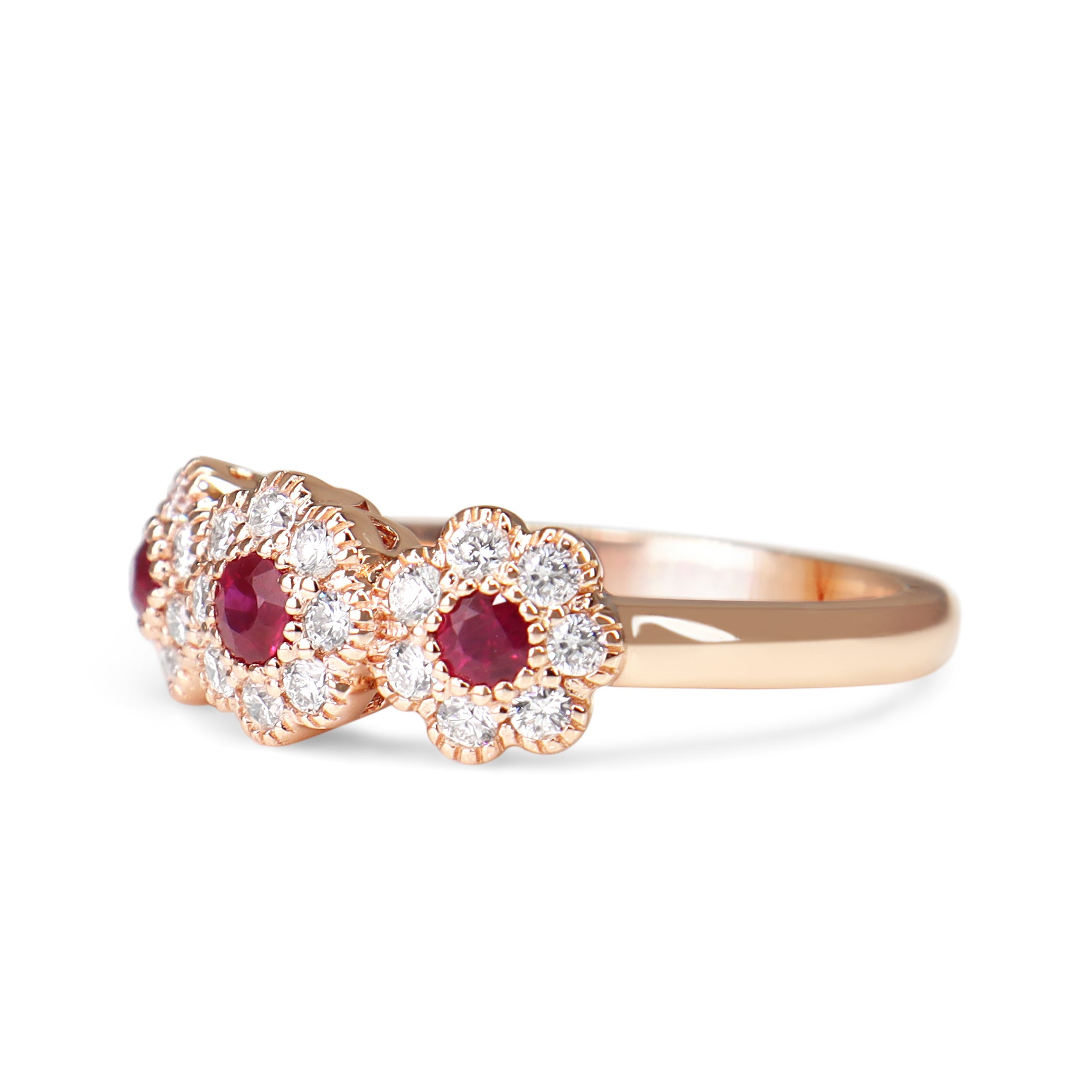 18ct Rose Gold Ruby and Diamond Triple Daisy Ring