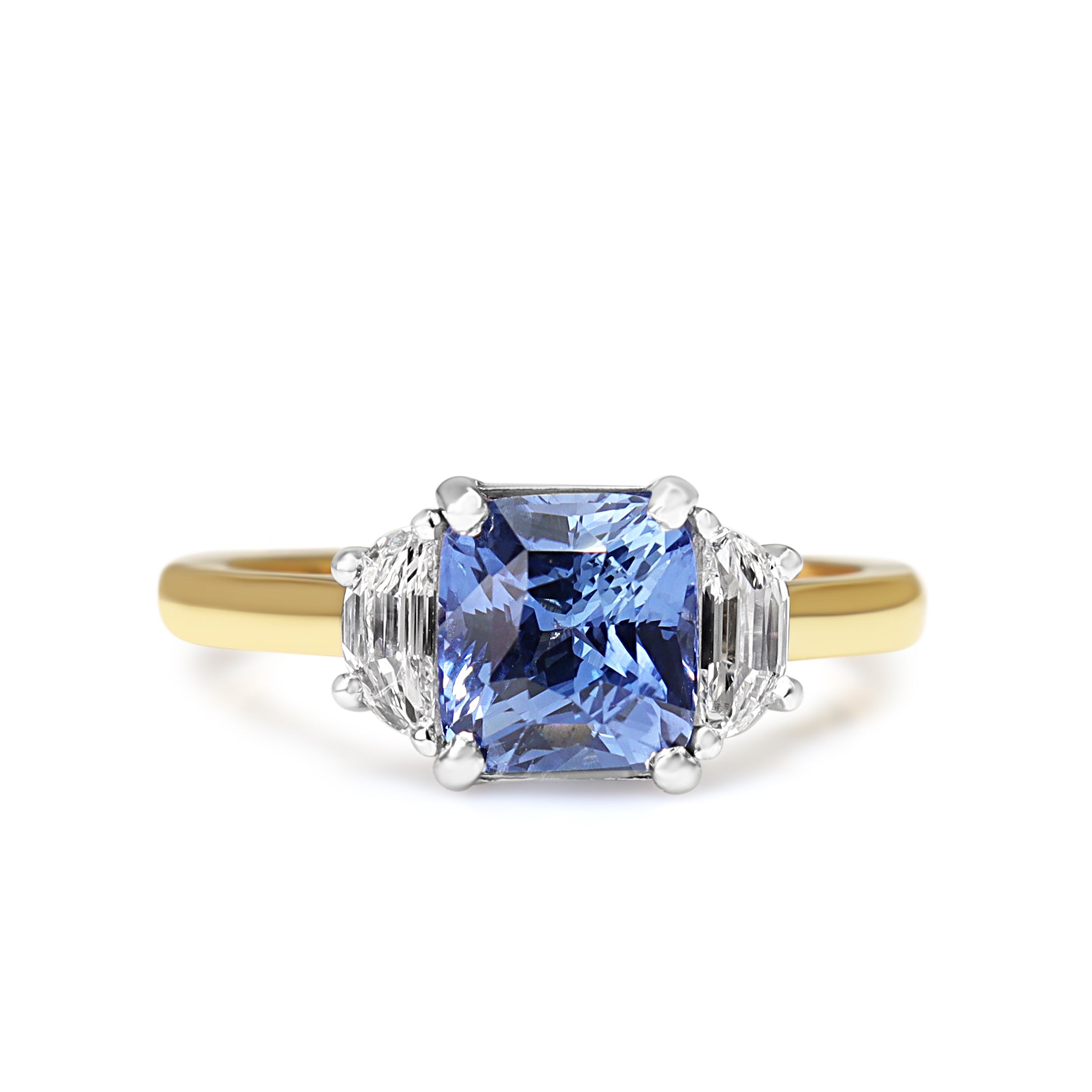 18ct Yellow and White Gold Cushion Sapphire and Half Moon Diamond 3 Stone Ring