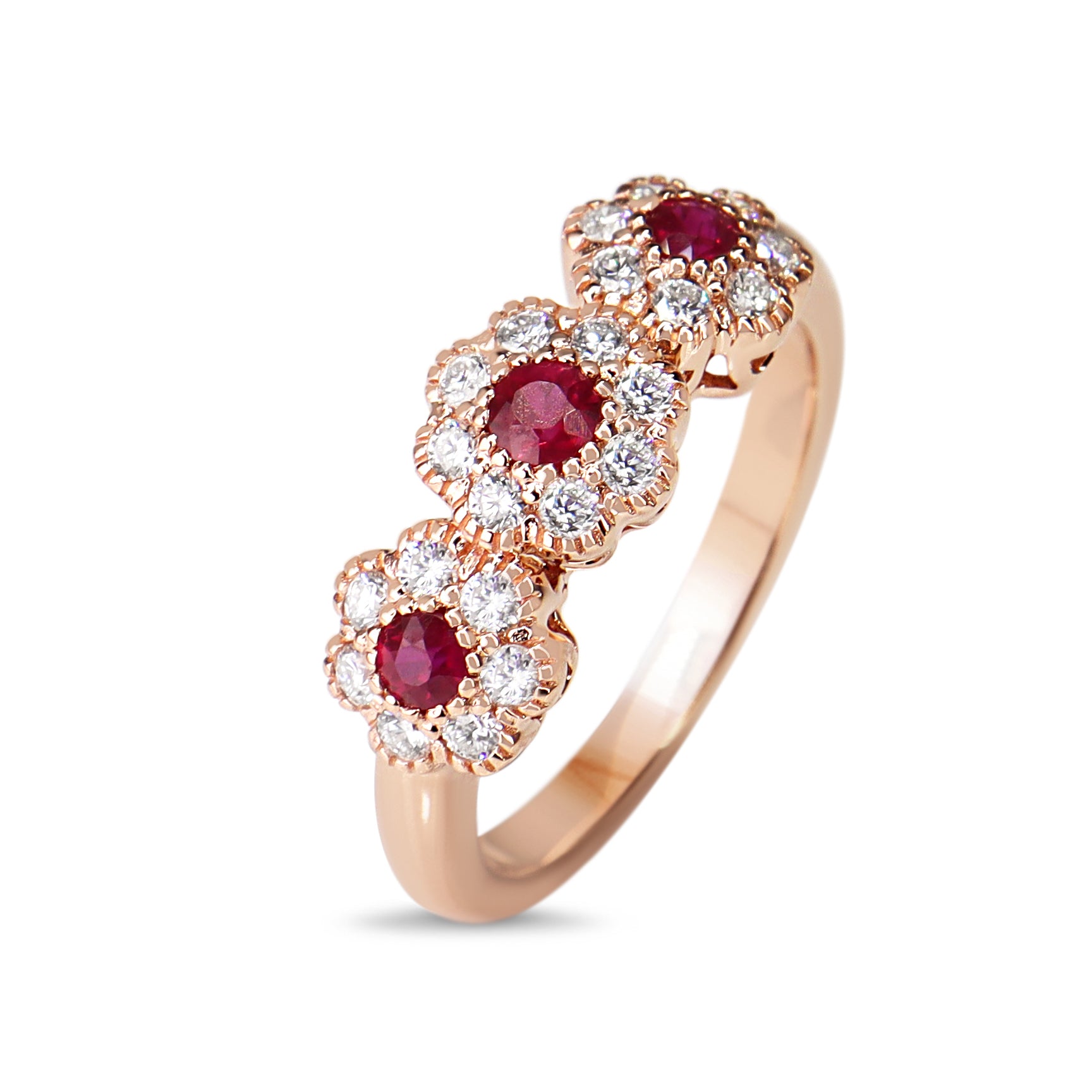 18ct Rose Gold Ruby and Diamond Triple Daisy Ring