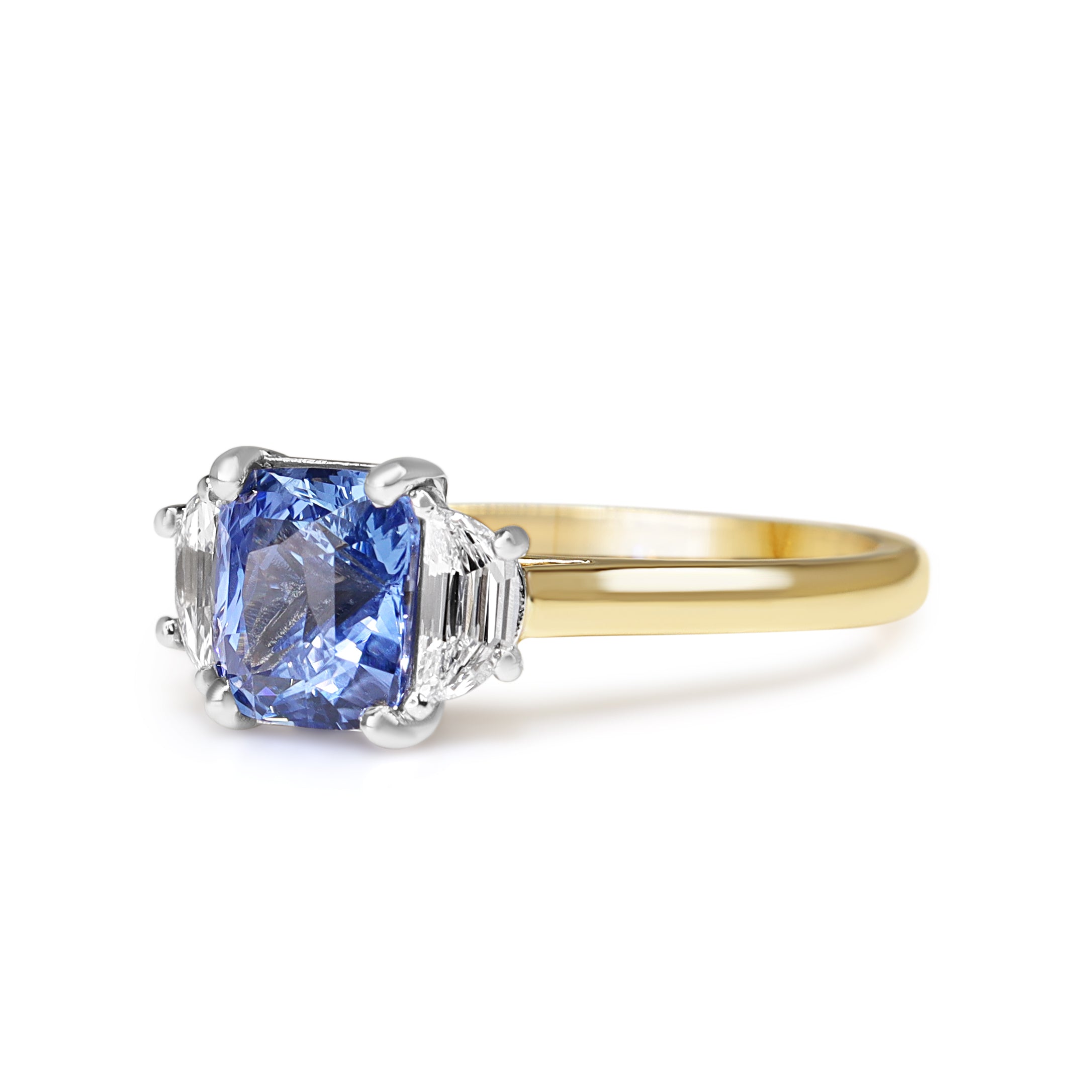 18ct Yellow and White Gold Cushion Sapphire and Half Moon Diamond 3 Stone Ring