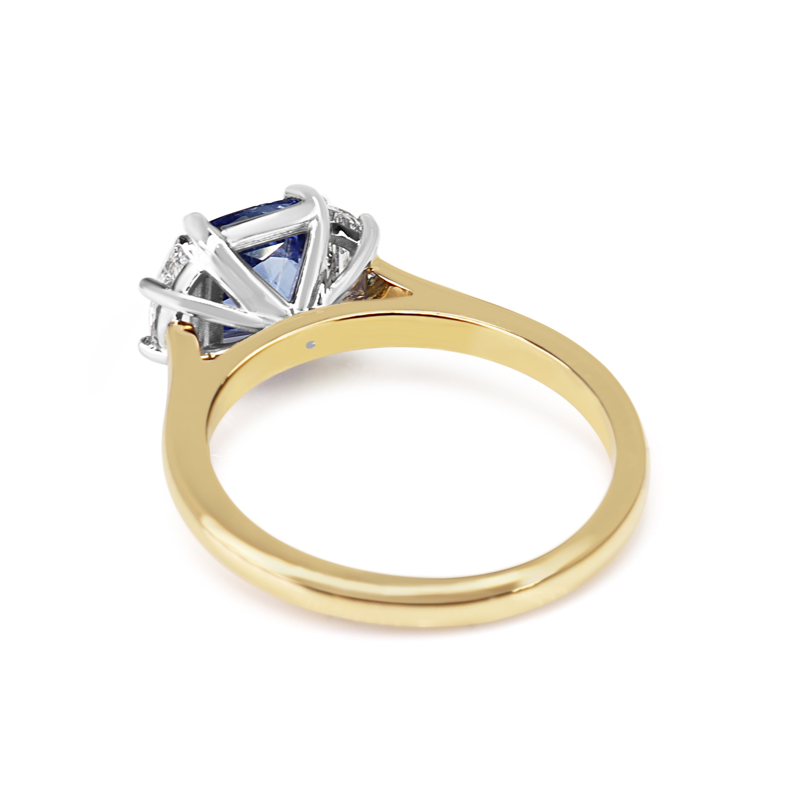 18ct Yellow and White Gold Cushion Sapphire and Half Moon Diamond 3 Stone Ring