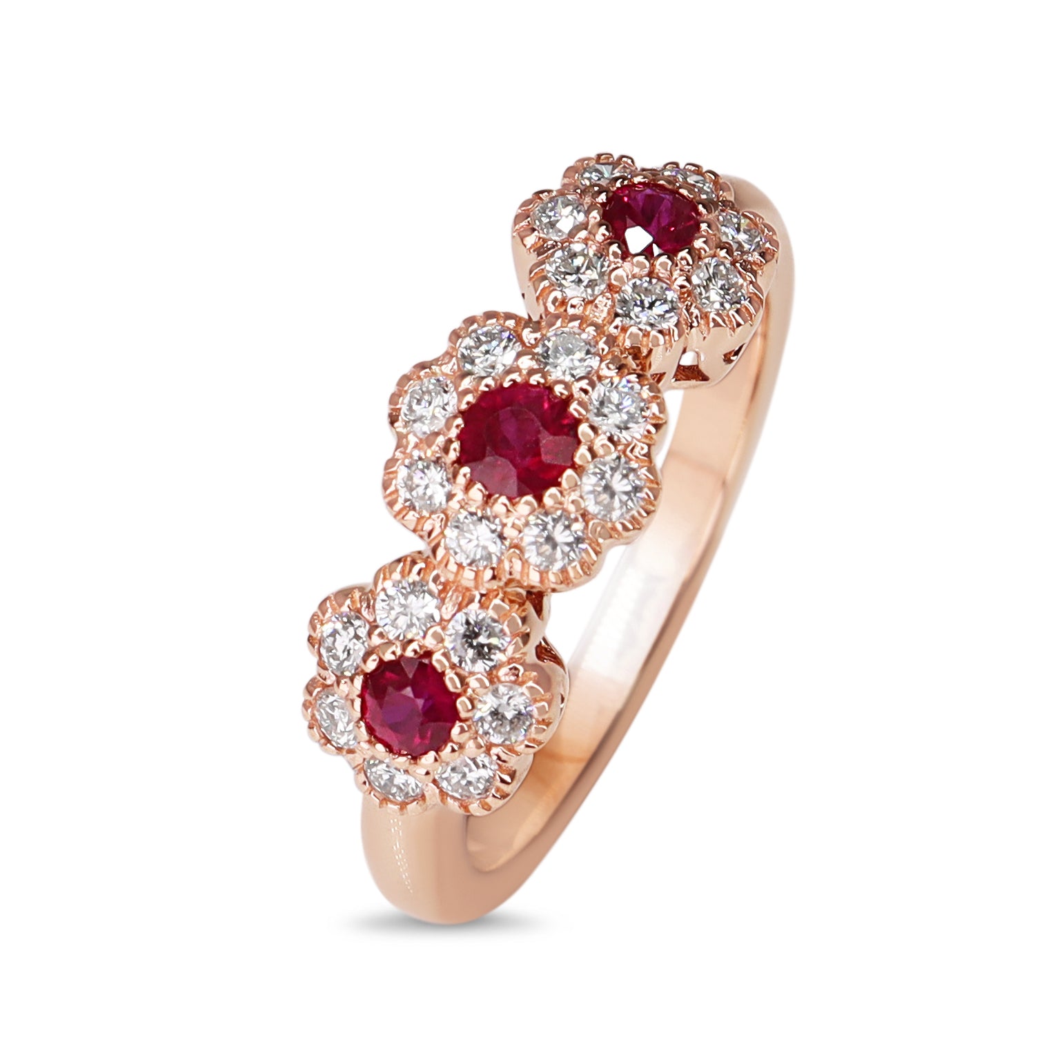 18ct Rose Gold Ruby and Diamond Triple Daisy Ring
