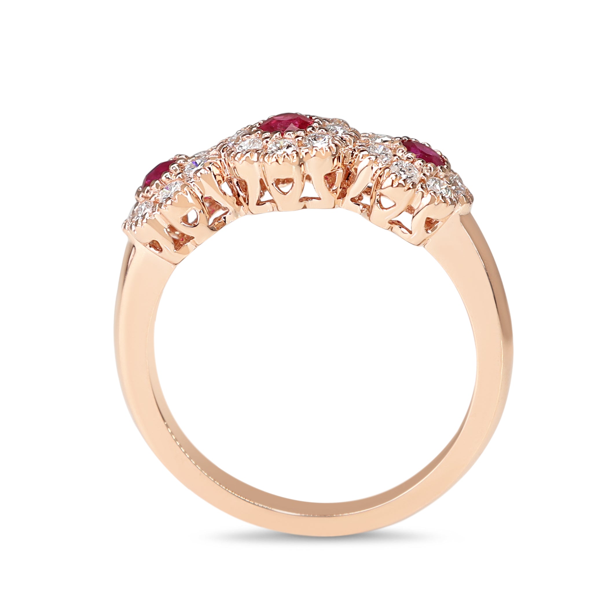 18ct Rose Gold Ruby and Diamond Triple Daisy Ring