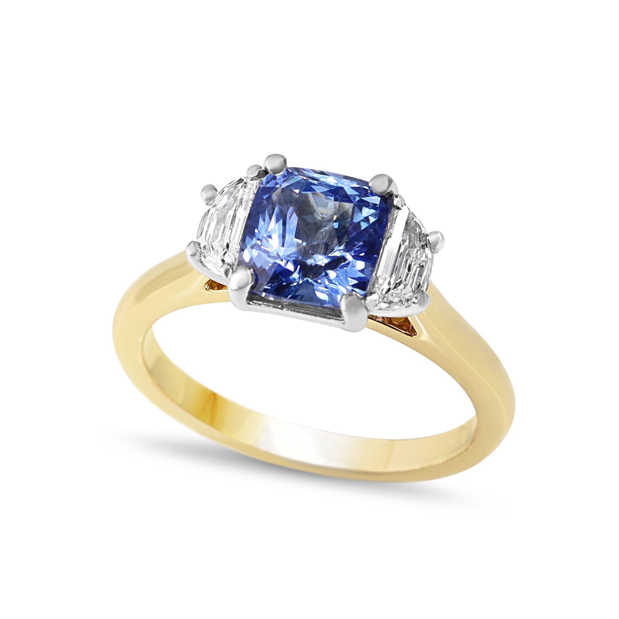 18ct Yellow and White Gold Cushion Sapphire and Half Moon Diamond 3 Stone Ring