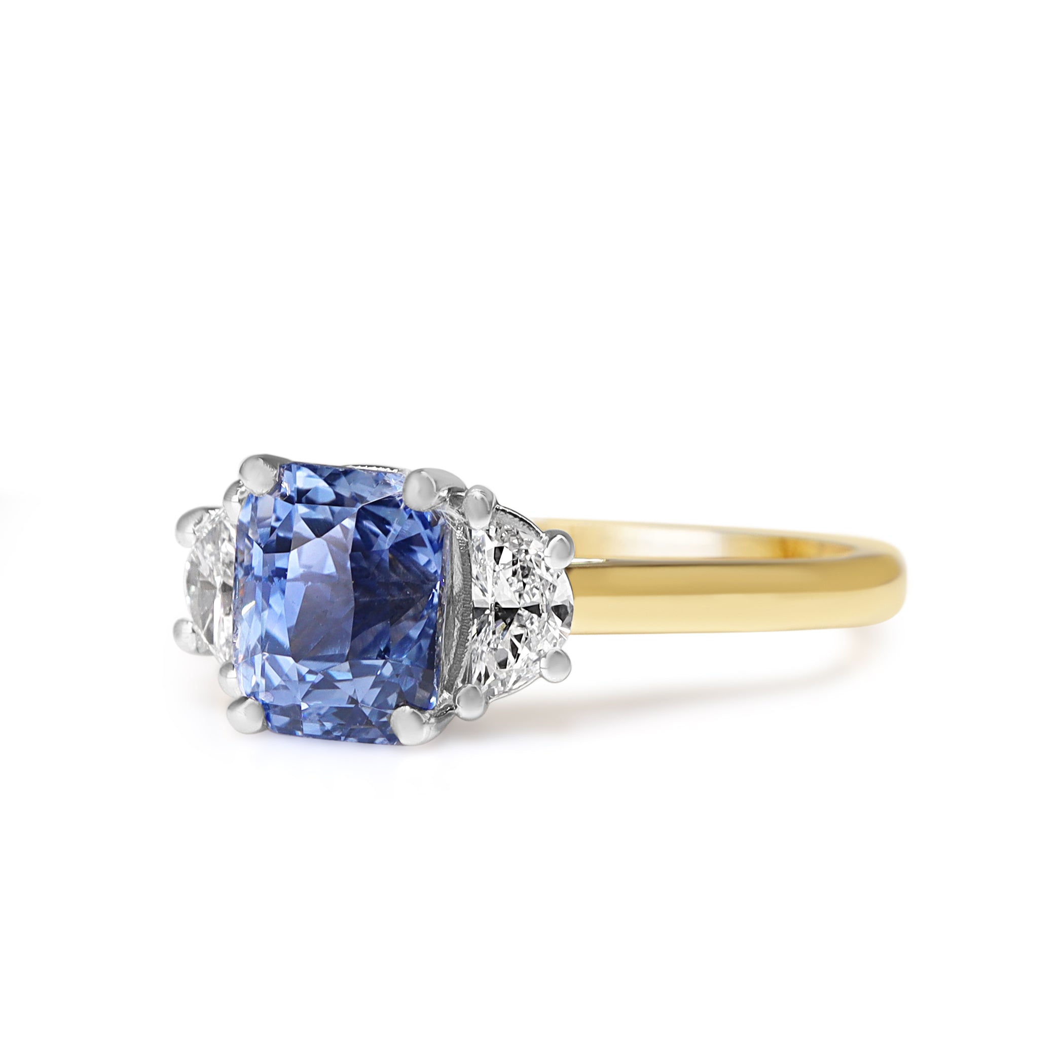 18ct Yellow and White Gold 2.60ct Cornflower Blue Sapphire and Half Moon Diamond 3 Stone Ring