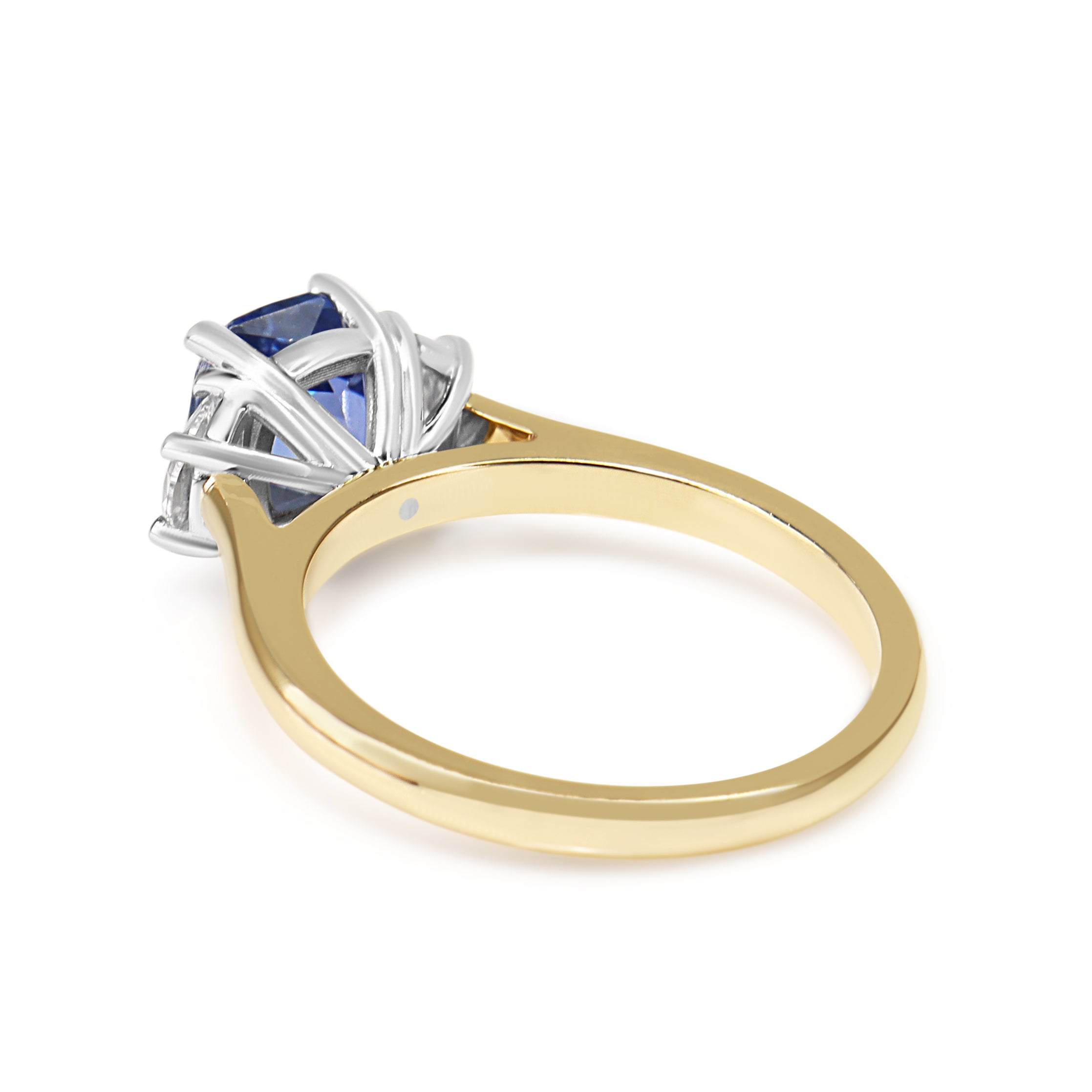 18ct Yellow and White Gold 2.60ct Cornflower Blue Sapphire and Half Moon Diamond 3 Stone Ring
