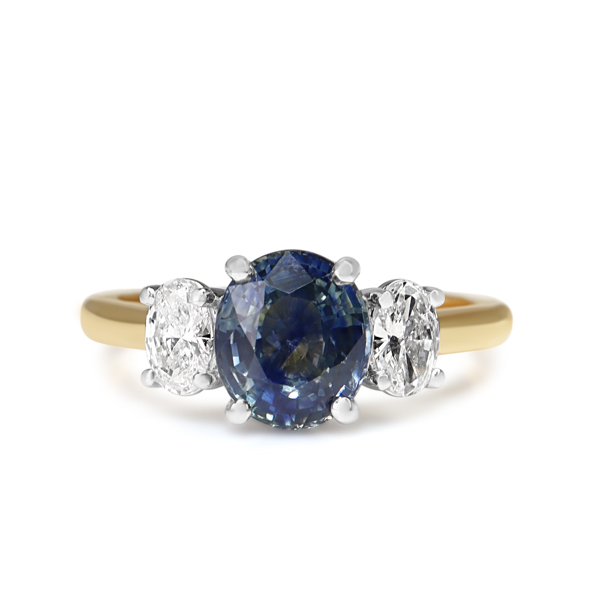 18ct Yellow and White Gold Oval Sapphire and Diamond 3 Stone Ring