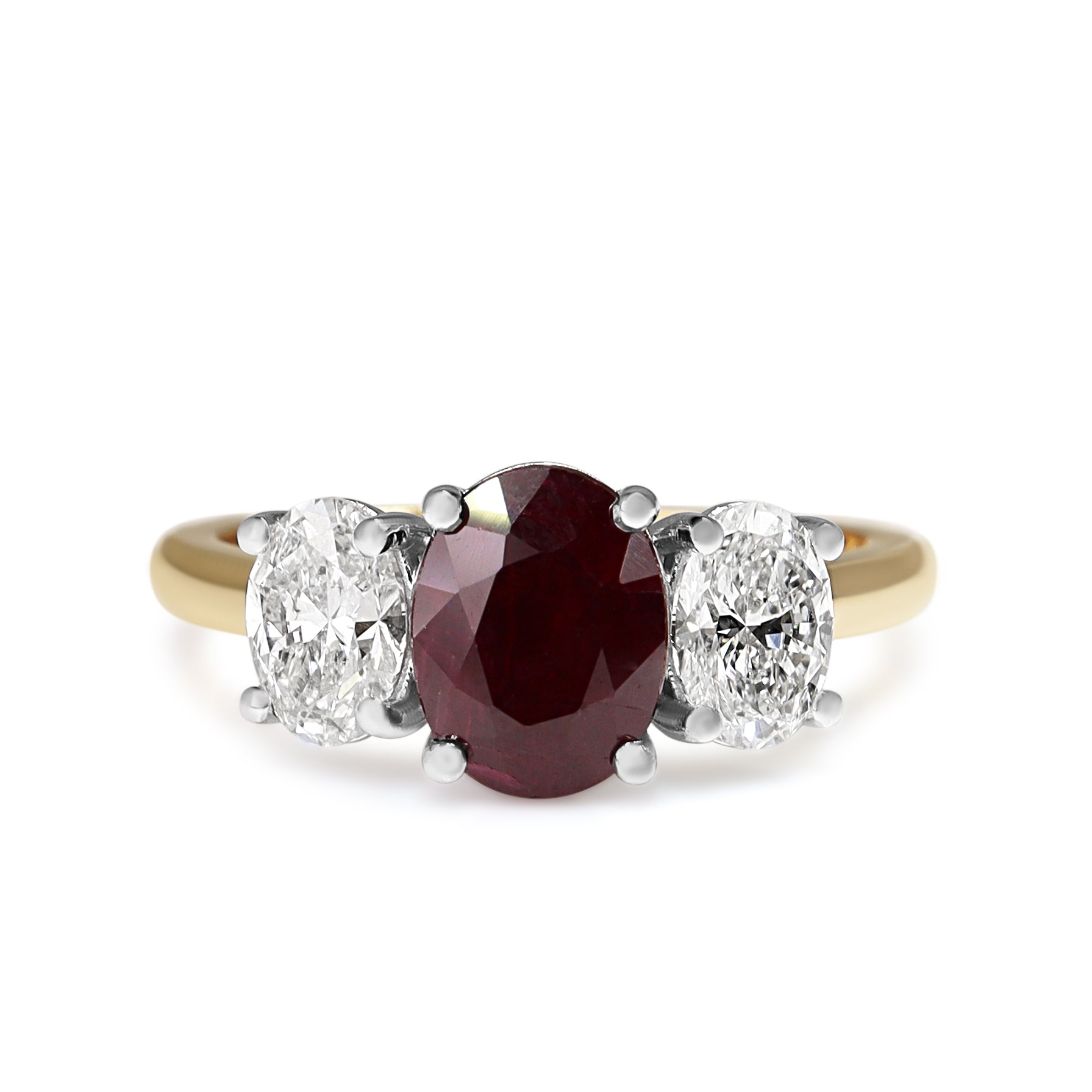 18ct Yellow and White Gold Oval Ruby and Diamond 3 Stone Ring