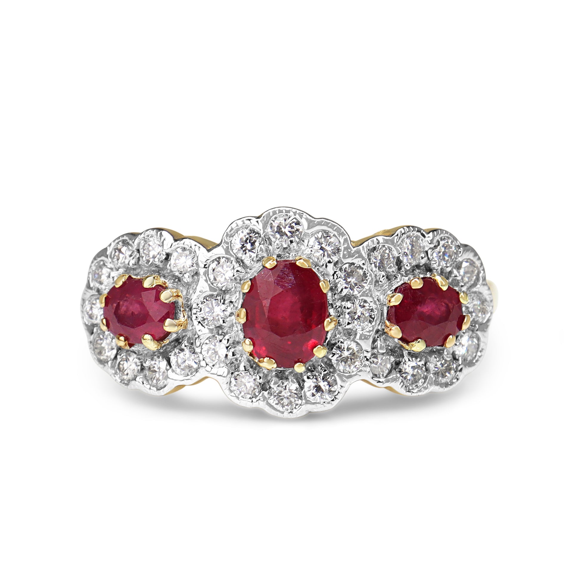 9ct Yellow and White Gold Ruby and Diamond Triple Daisy Ring