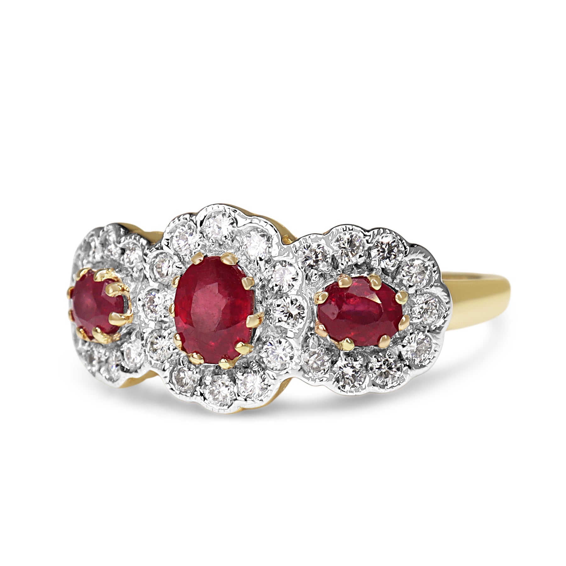 9ct Yellow and White Gold Ruby and Diamond Triple Daisy Ring