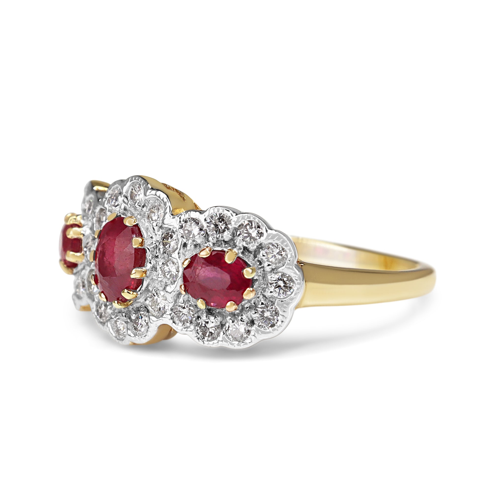 9ct Yellow and White Gold Ruby and Diamond Triple Daisy Ring