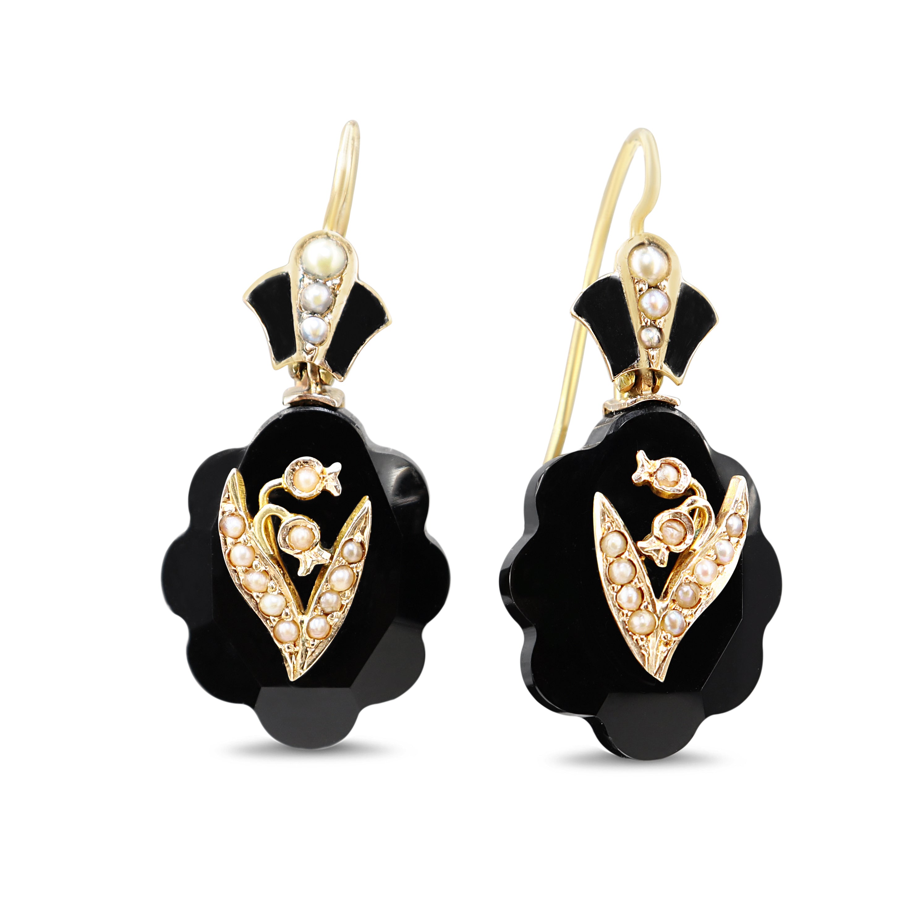 14ct Yellow Gold Jet and Seed Pearl Antique Earrings