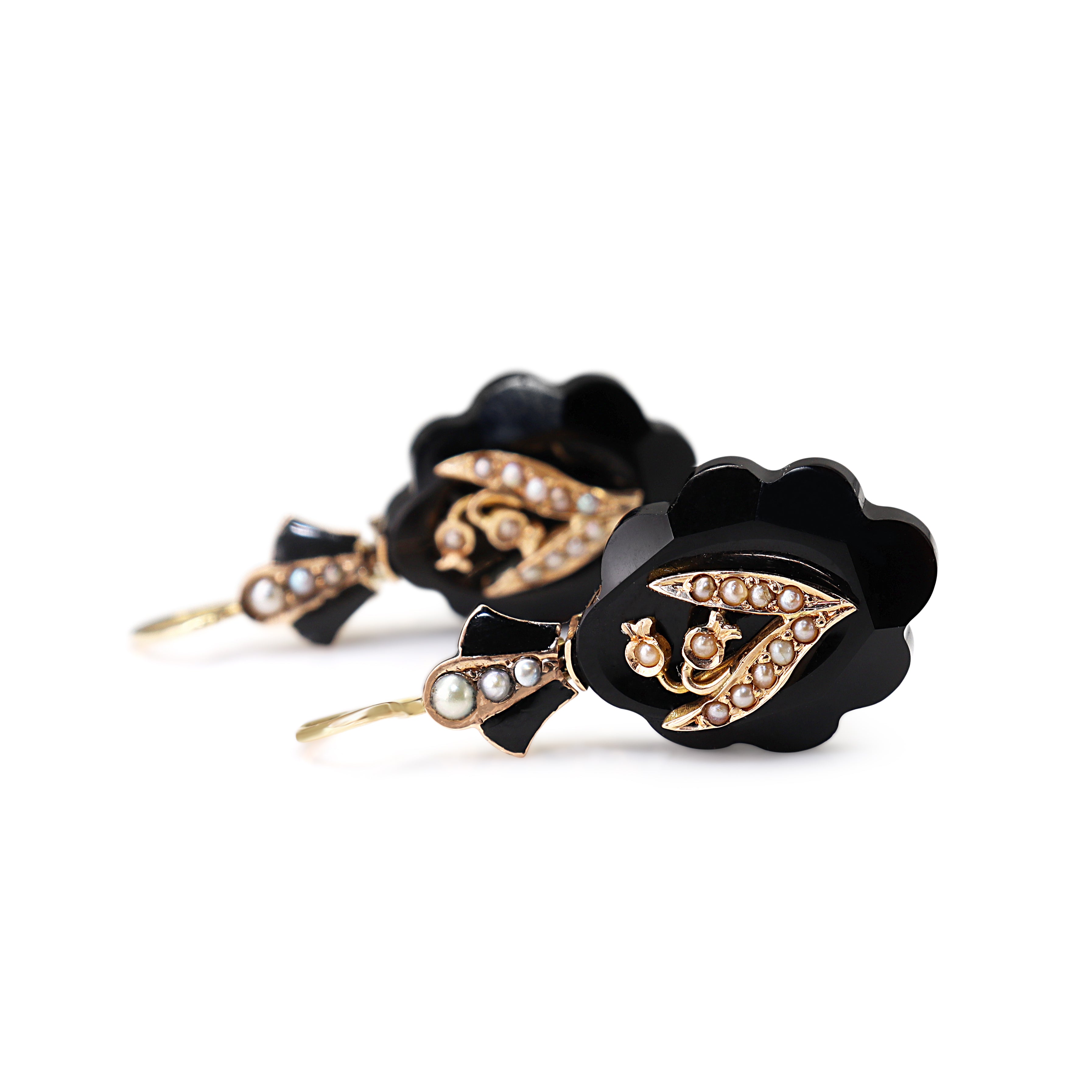 14ct Yellow Gold Jet and Seed Pearl Antique Earrings