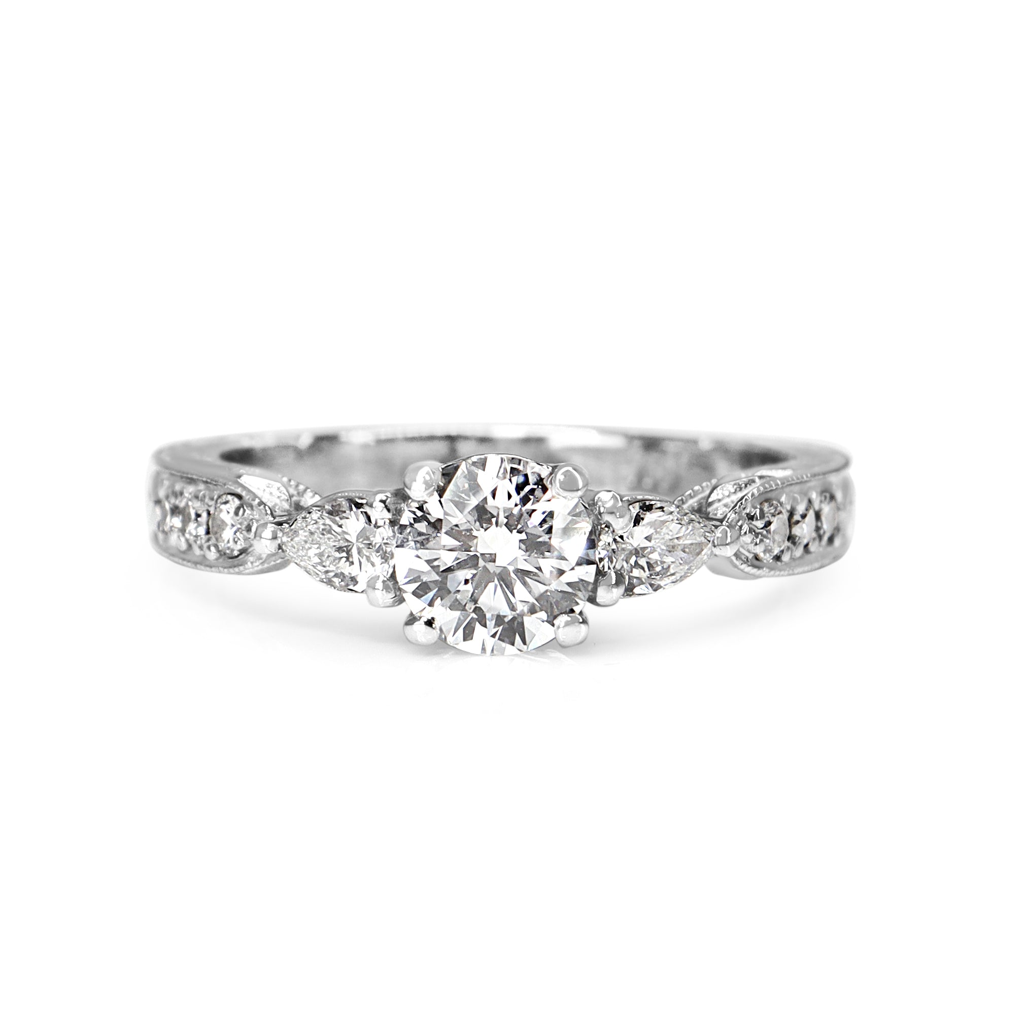 18ct White Gold Diamond 3 Stone Ring with Round and Pear Diamonds and Etched Band