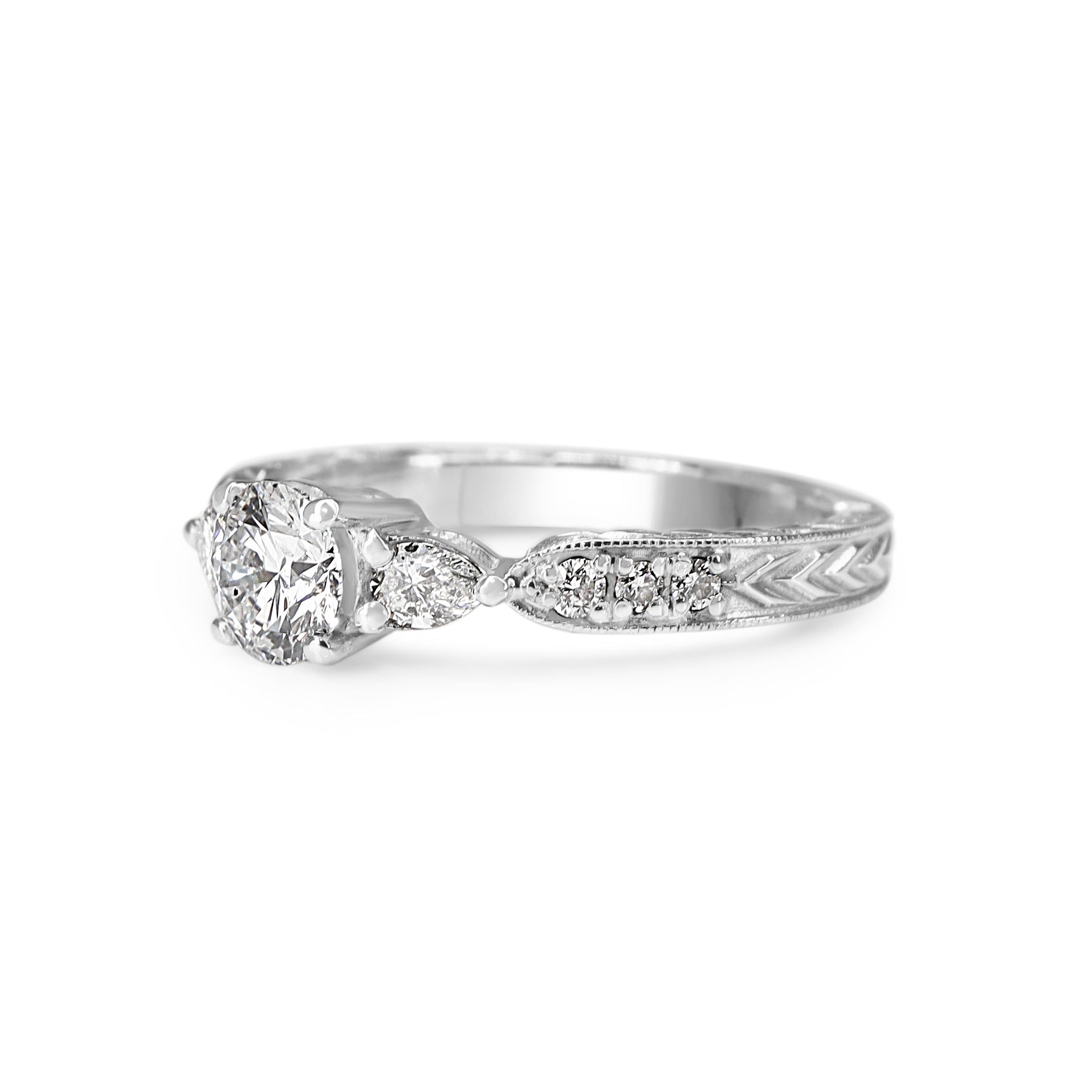18ct White Gold Diamond 3 Stone Ring with Round and Pear Diamonds and Etched Band