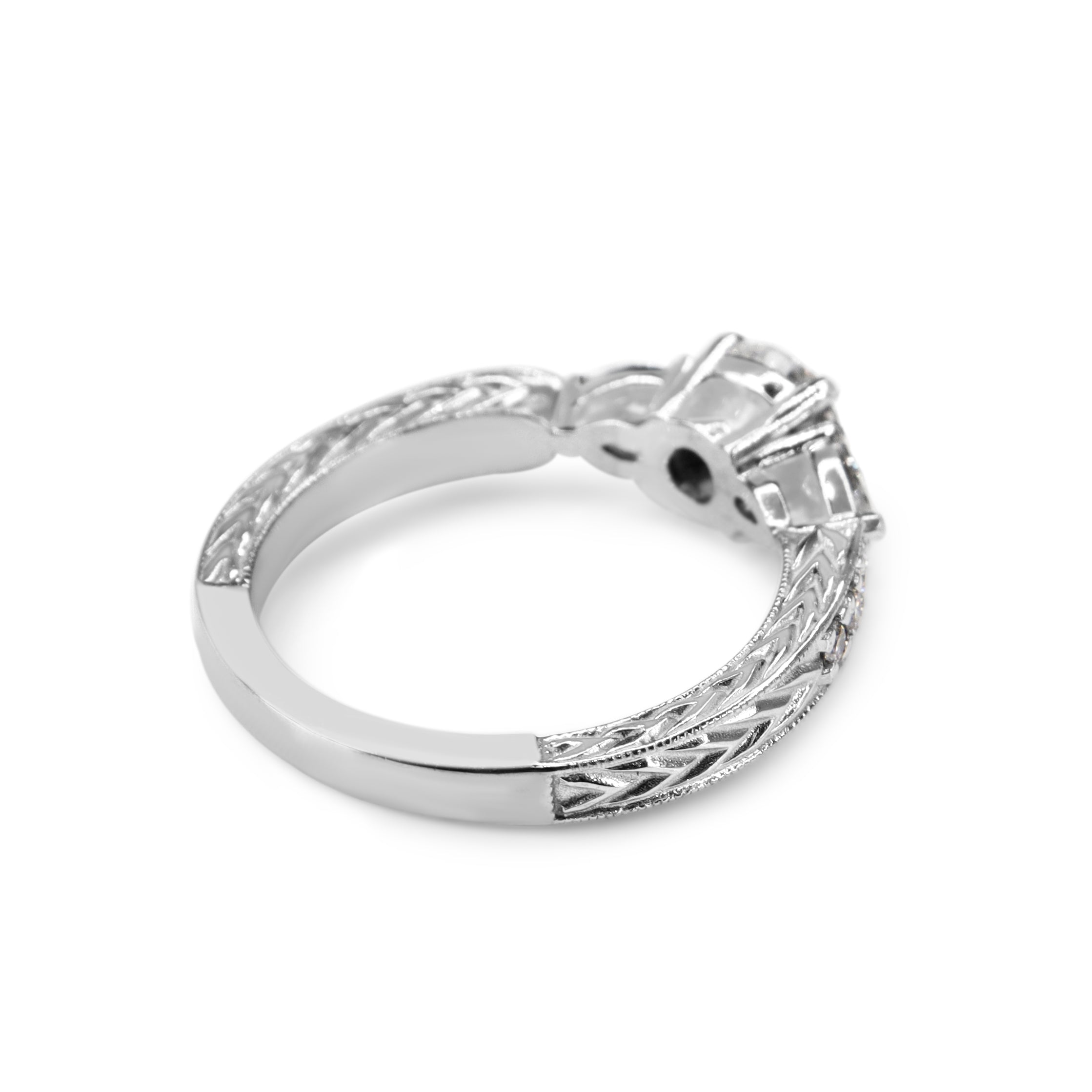 18ct White Gold Diamond 3 Stone Ring with Round and Pear Diamonds and Etched Band