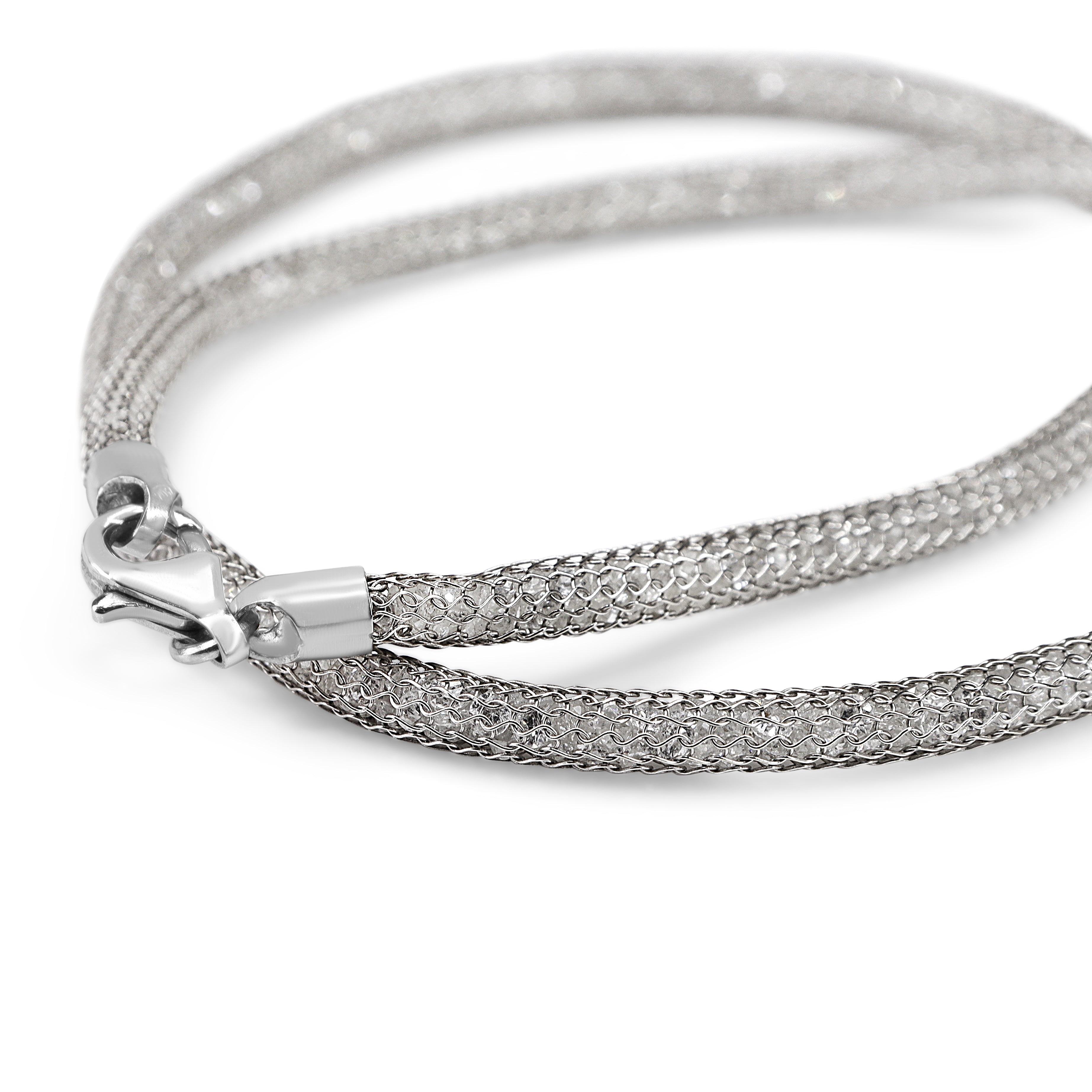 18ct White Gold Omega Style Mesh Wire Necklace Filled with Crystal