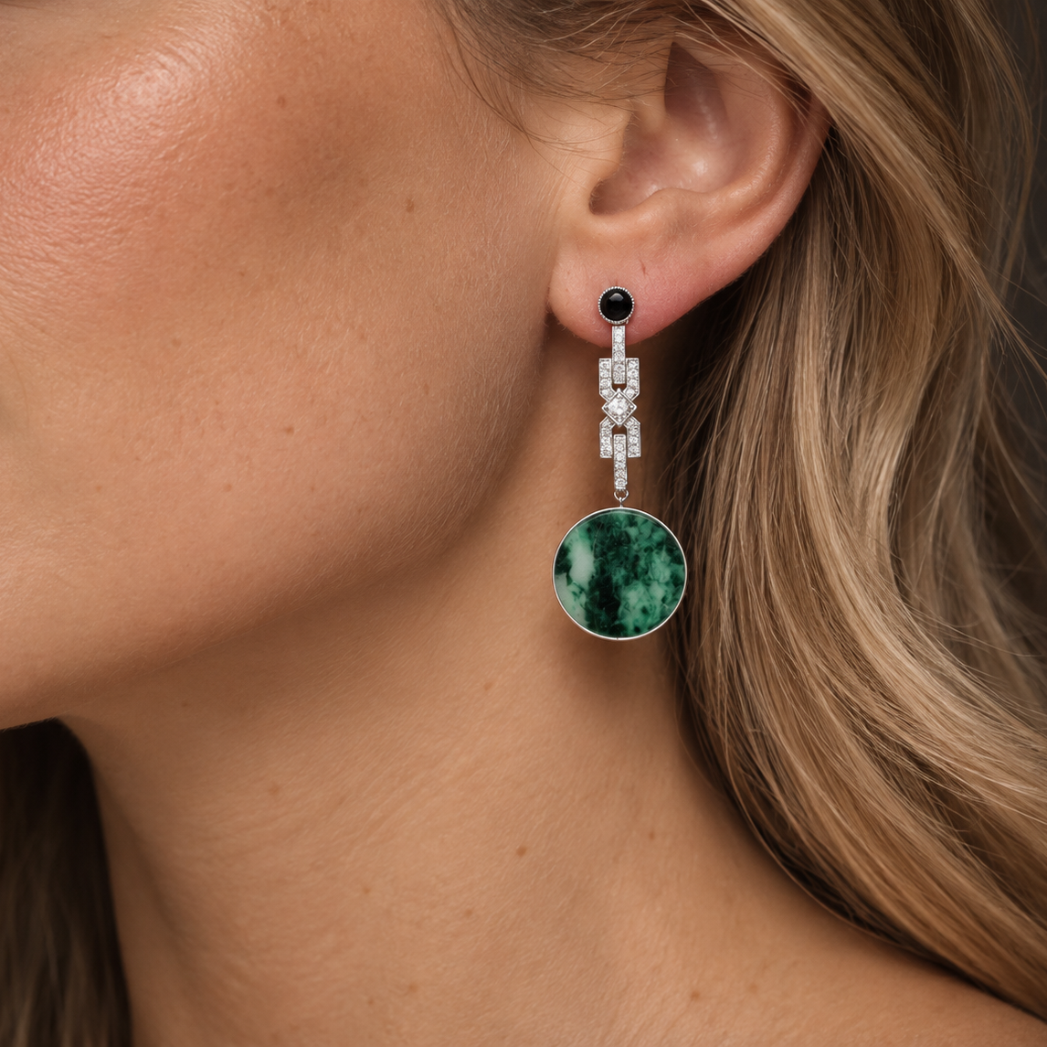 14ct White Gold Art Deco Style Jade, Onyx and Diamond Drop Earrings