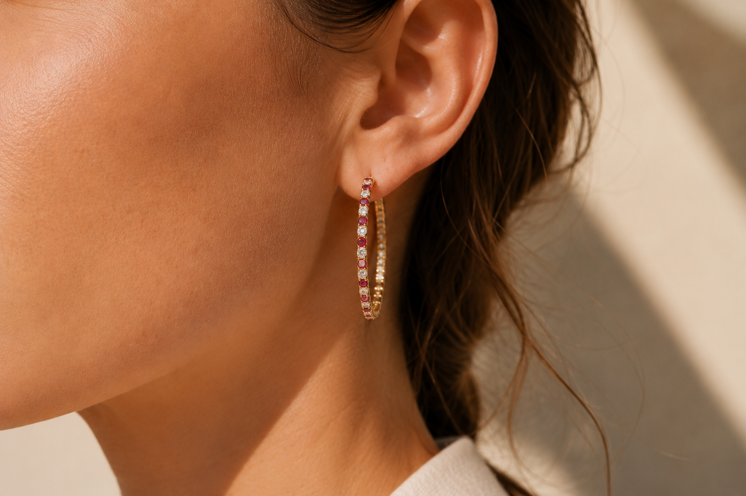 18ct Yellow Gold Ruby and Diamond Hoop Earrings