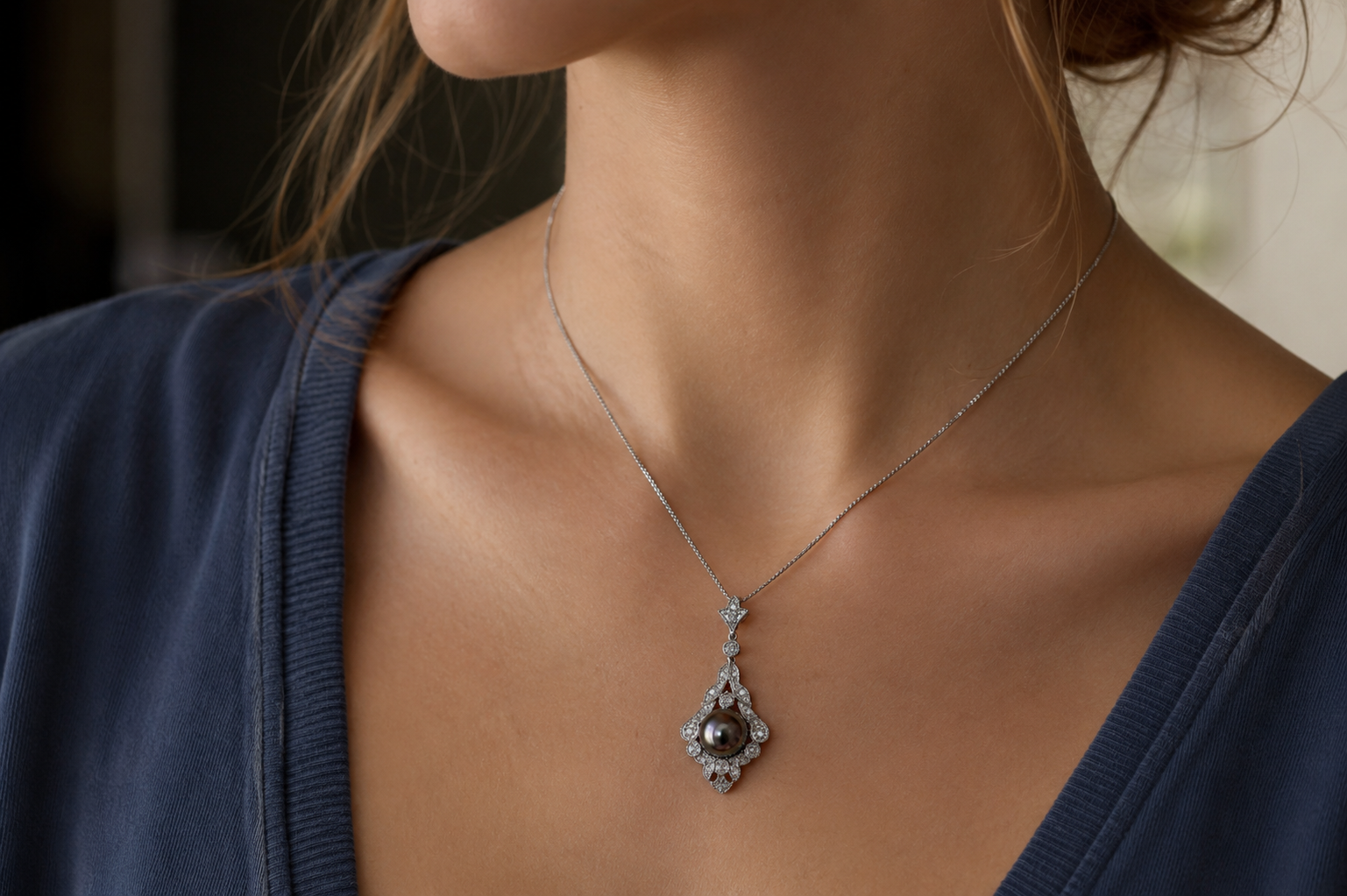 10ct White Gold 8mm Tahitian Pearl and Diamond Drop Necklace