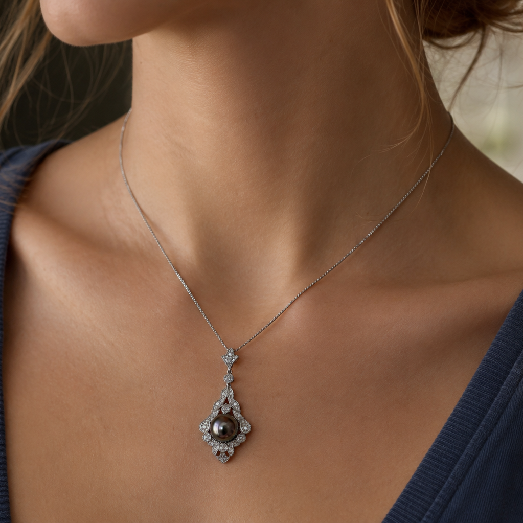 10ct White Gold 8mm Tahitian Pearl and Diamond Drop Necklace