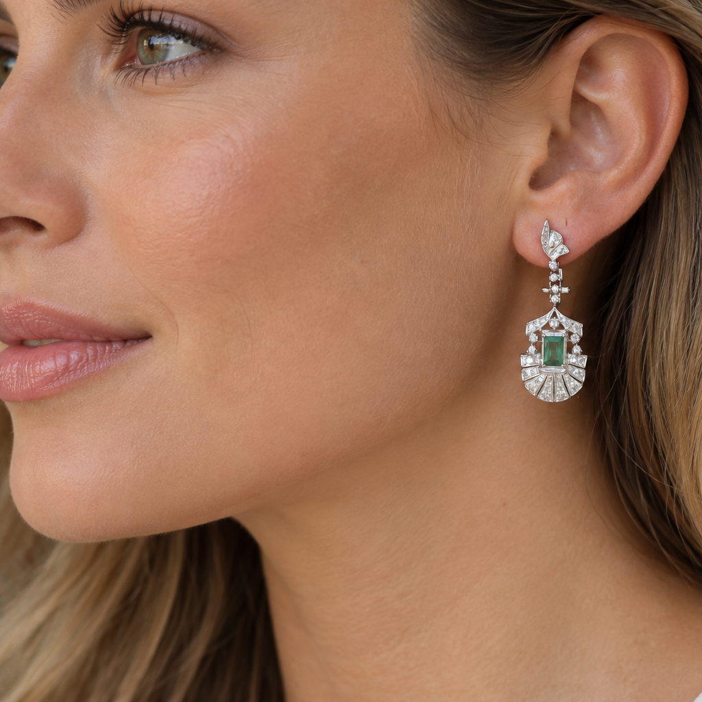 Palladium Art Deco Emerald and Single Cut Diamond Drop Earrings