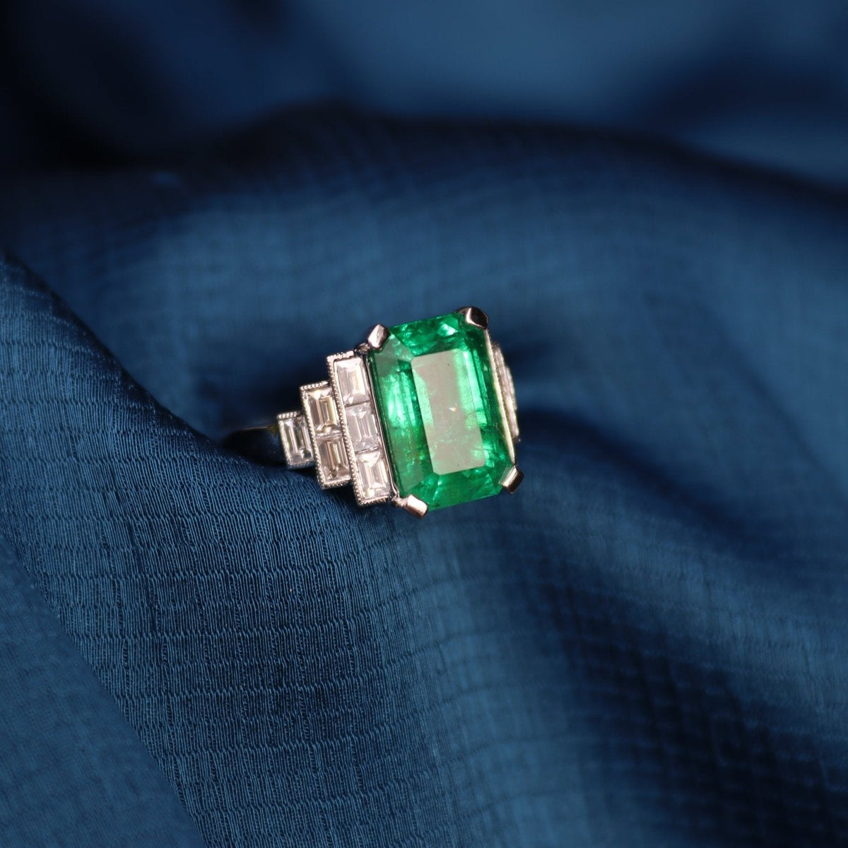 Platinum Emerald and Baguette Diamond Art Deco Style Ring - Burlington Jewellery