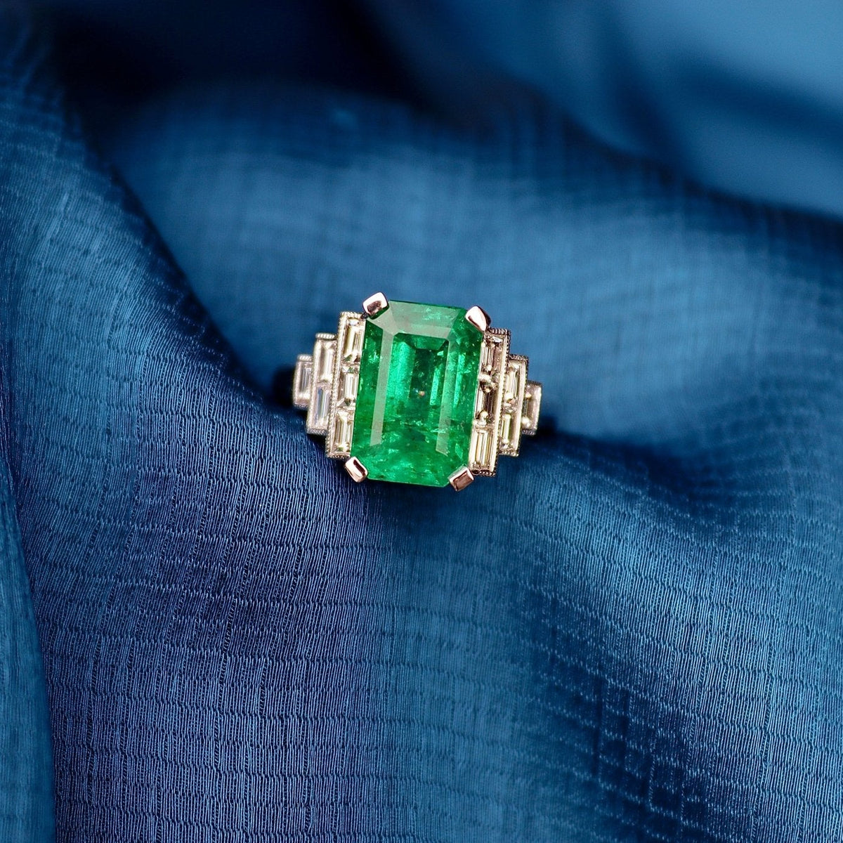Platinum Emerald and Baguette Diamond Art Deco Style Ring - Burlington Jewellery