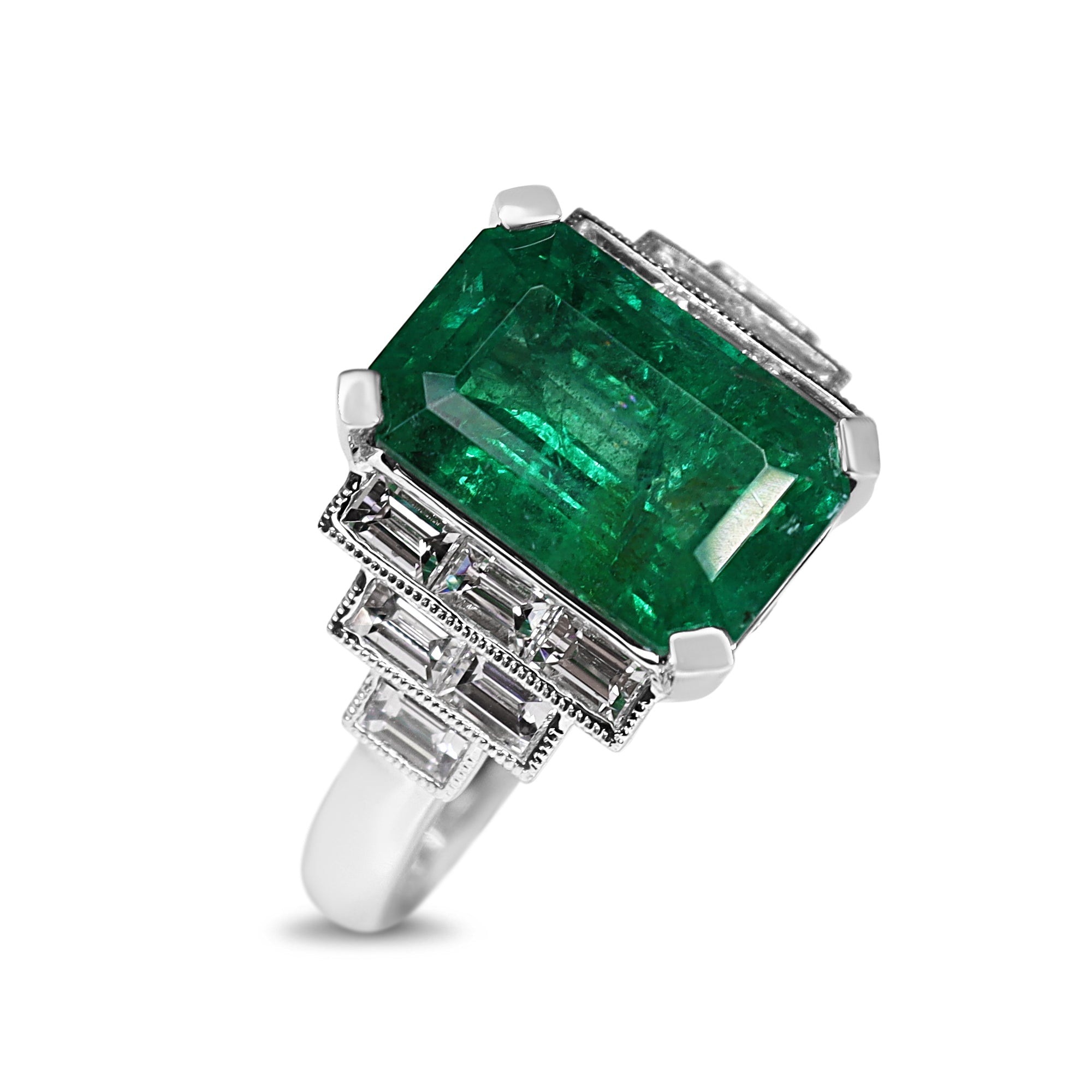 Platinum Emerald and Baguette Diamond Art Deco Style Ring - Burlington Jewellery
