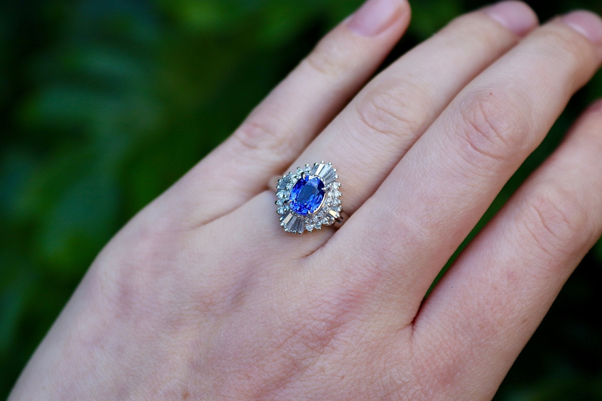 Platinum Sapphire and Diamond Halo Ballerina Ring - Burlington Jewellery
