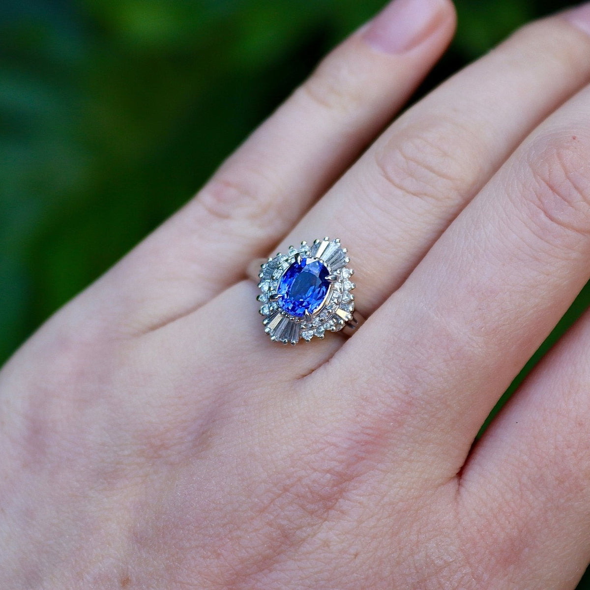Platinum Sapphire and Diamond Halo Ballerina Ring - Burlington Jewellery