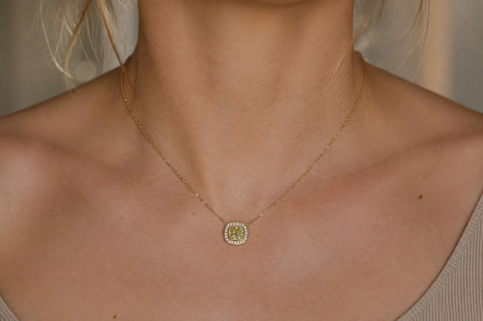 18ct Yellow Gold Fancy Yellow Cushion Diamond Halo Necklace
