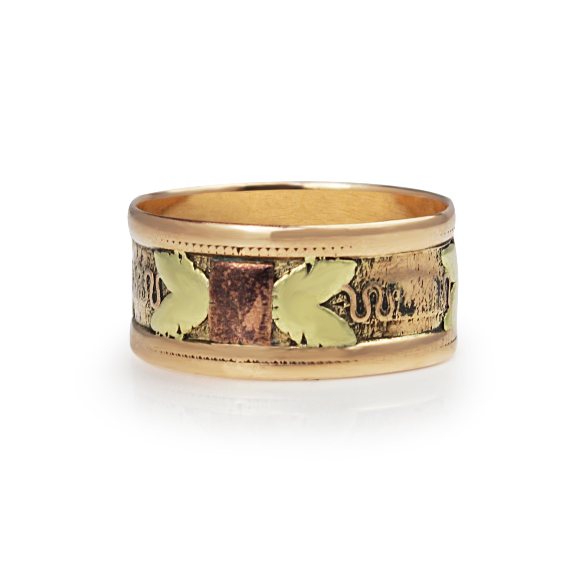 14ct three-tone antique ring circa 1800s shown from the front with decorative gold details
