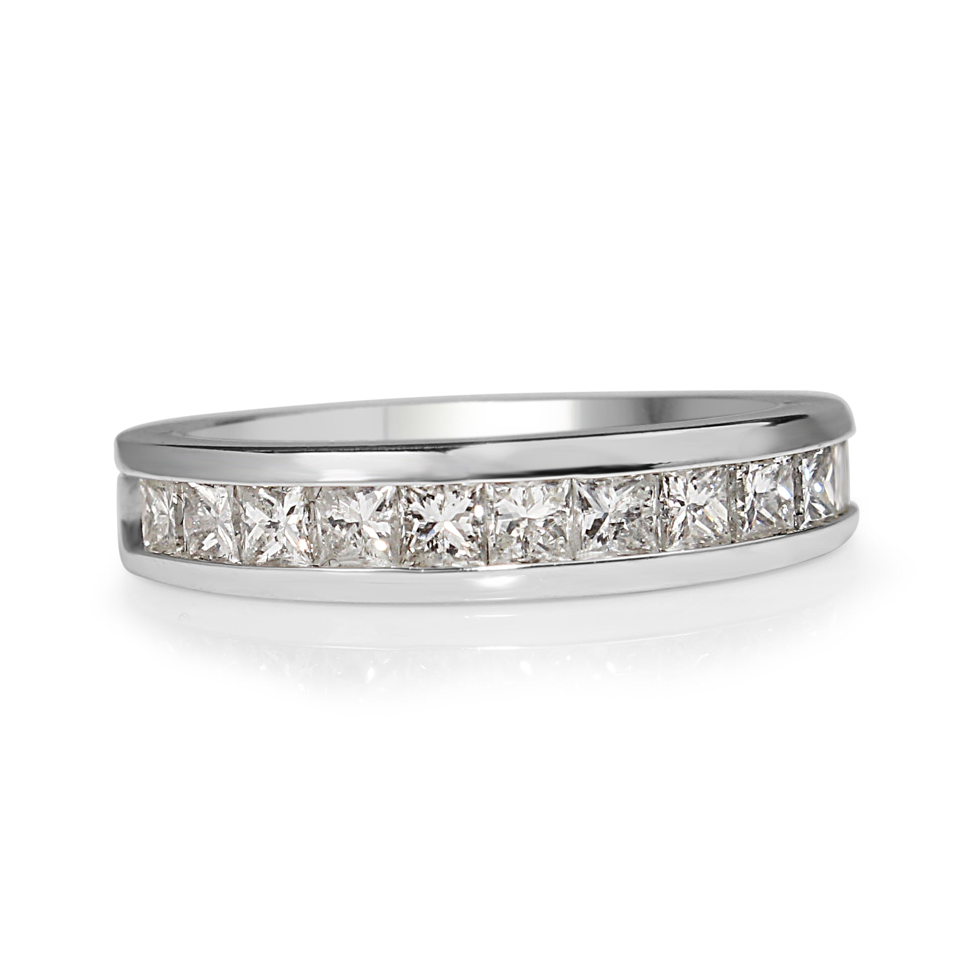 14ct white gold 1.10ct princess cut diamond band shown from the front